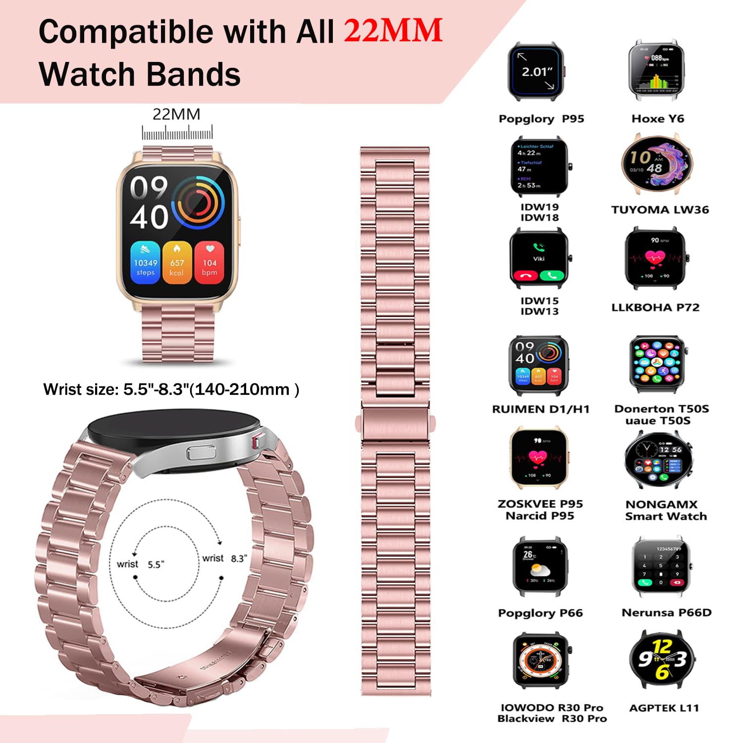 VELULYX Metal band for Gloryfit Smart Watch P66/P66D/P72/P95, 22mm Stainless Steel Band for Veryfit IDW19/IDW13/IDW16/IDW18 - Image 3