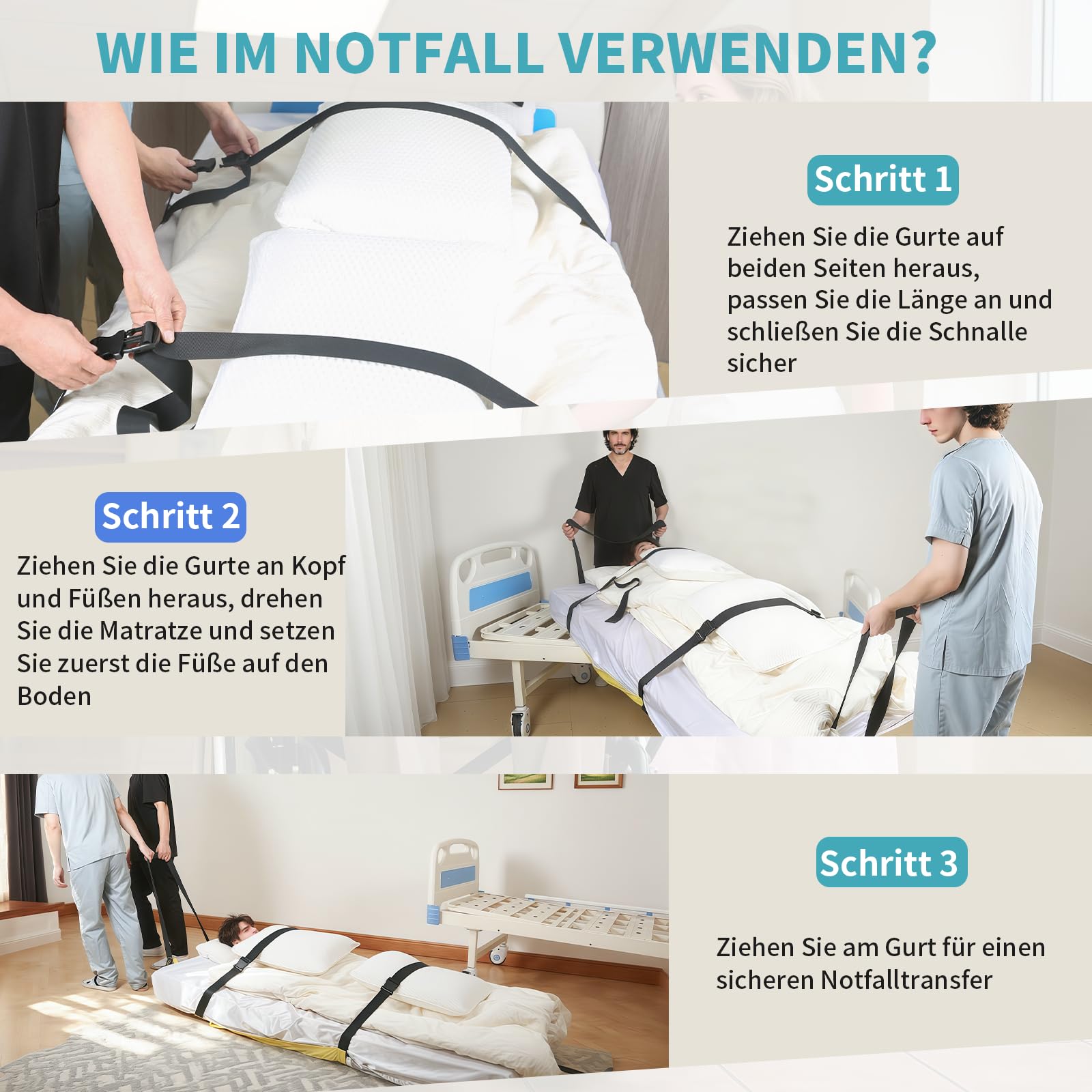 Evakuierungstuch Rettungstuch mit Sicherheitsschnallen für bettlägerige Personen, Notfall Evakuierungsmatte für Patiententransfer, Transferhilfe für Pflegeheim und Zuhause