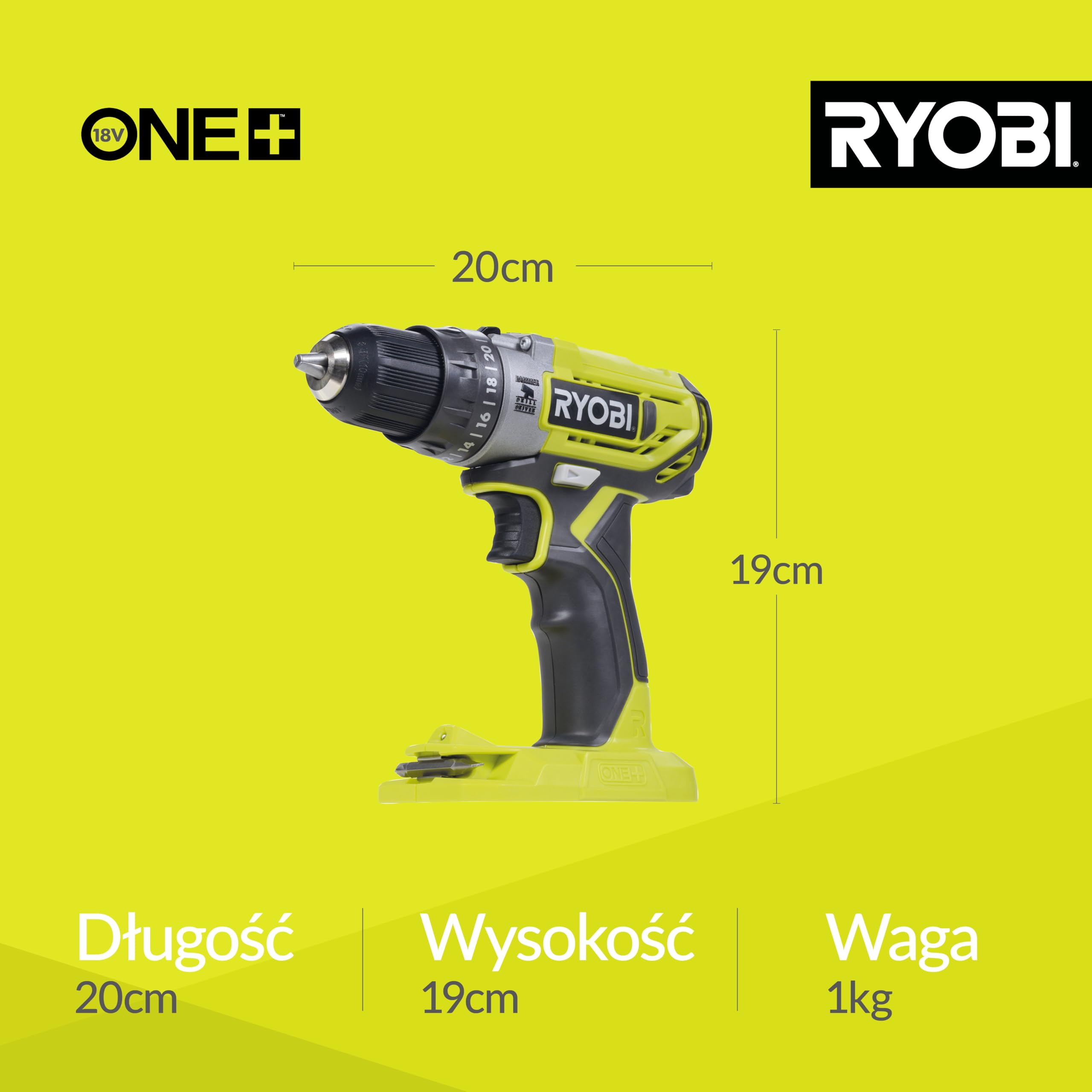 Ryobi Wiertarko-Wkrętarka Udarowa 18 V, R18PD2-242S, Moment Obrotowy 40 Nm, 2 Biegi 0-400/0-1350 obr/min., Max Liczba Udarów 21600/min, Bezkluczykowy Uchwyt Wiertarski 10 mm, Wbudowana Lampka LED