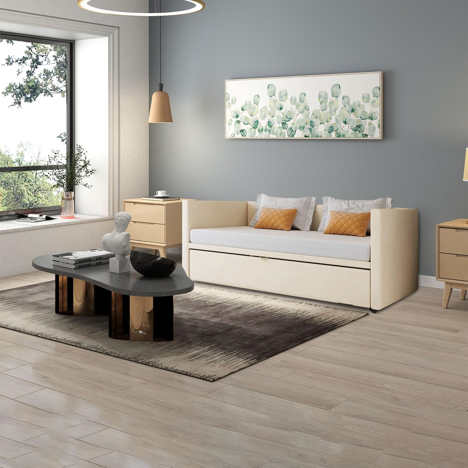 Canapé Lit 90/180x200, Lit 2 Places Convertible, Canapé-Lit Gigogne, Lit Fonctionnel Escamotable, Lit Banquette 2 Places, Canapé lit Convertible, Tissu Velours, sans Matelas (Beige, 90/180*200)
