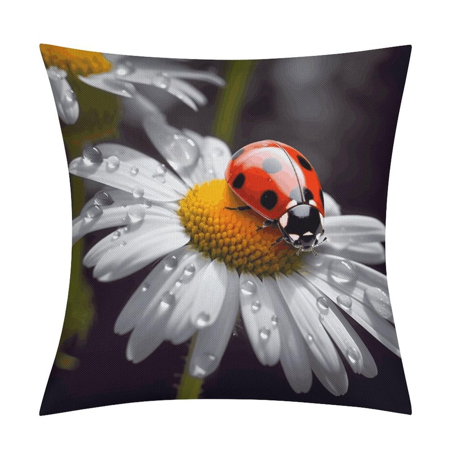 LZQPOEAS Ladybug on Daisy Flower Throw Pillow Covers, Waterproof Faux Linen Pillow Cases with Invisible Zipper, Decorative Square Cushion Covers for Sofa Couch Living Room Bedroom 18x18 Inch