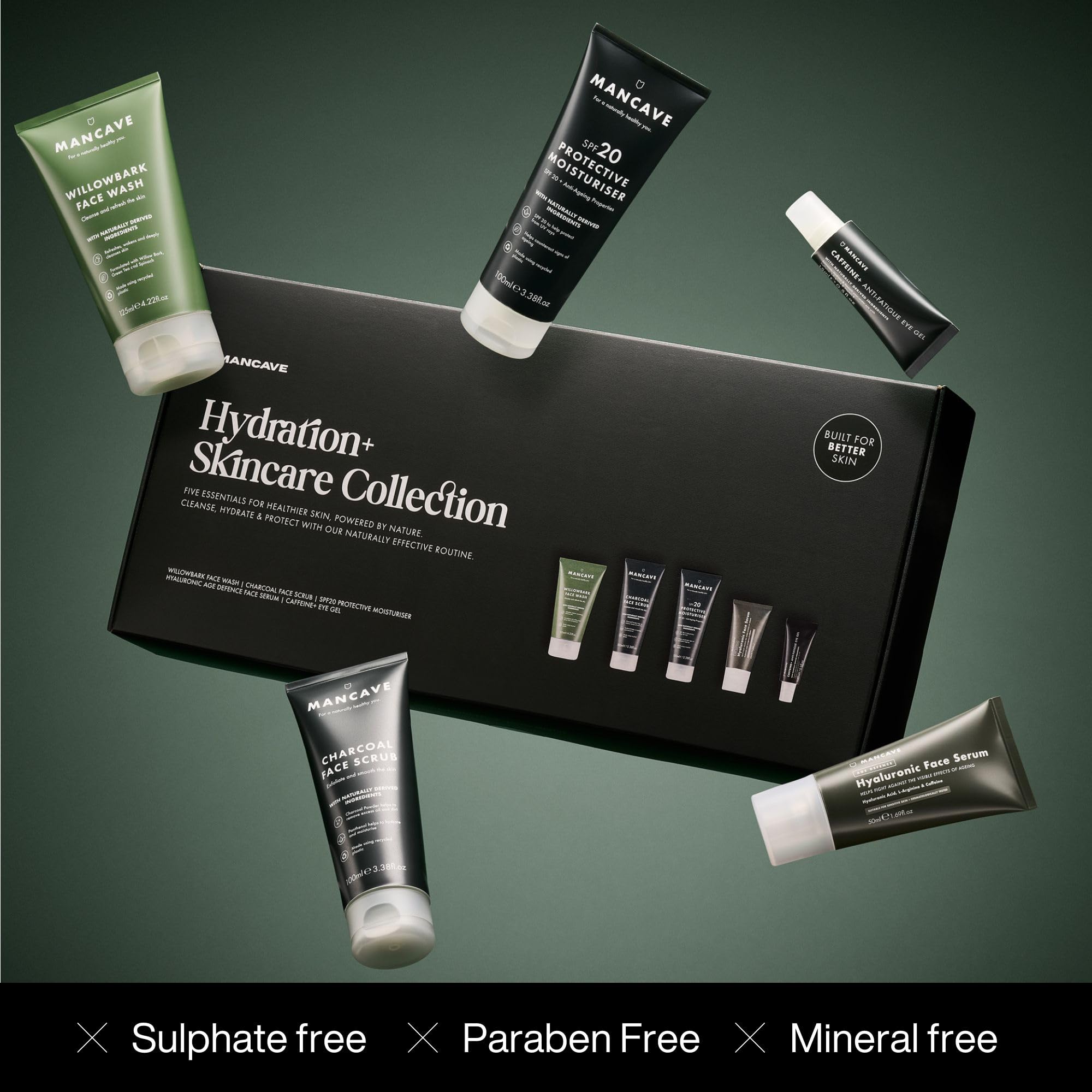 ManCave Hydration+ Zestaw Upominkowy do Pielęgnacji Skóry, Krem SPF 20, Żel do Mycia Twarzy, Peeling, Serum Hialuronowe, Żel pod Oczy, Dermatologicznie Testowany, Wegański