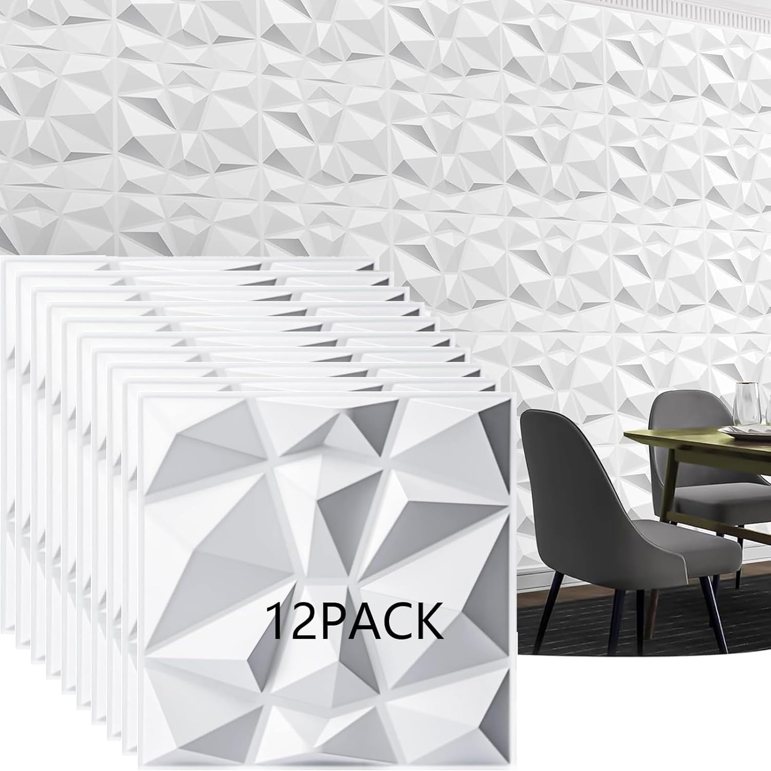 3D Wall Panels PVC Decorative,12 Pack 30 x 30CM 3D Wall Panel Diamond for Interior Wall Décor, PVC Diamond Design Textured Wall Panels for Living Room Lobby Bedroom Hotel Office (White-12Pack)
