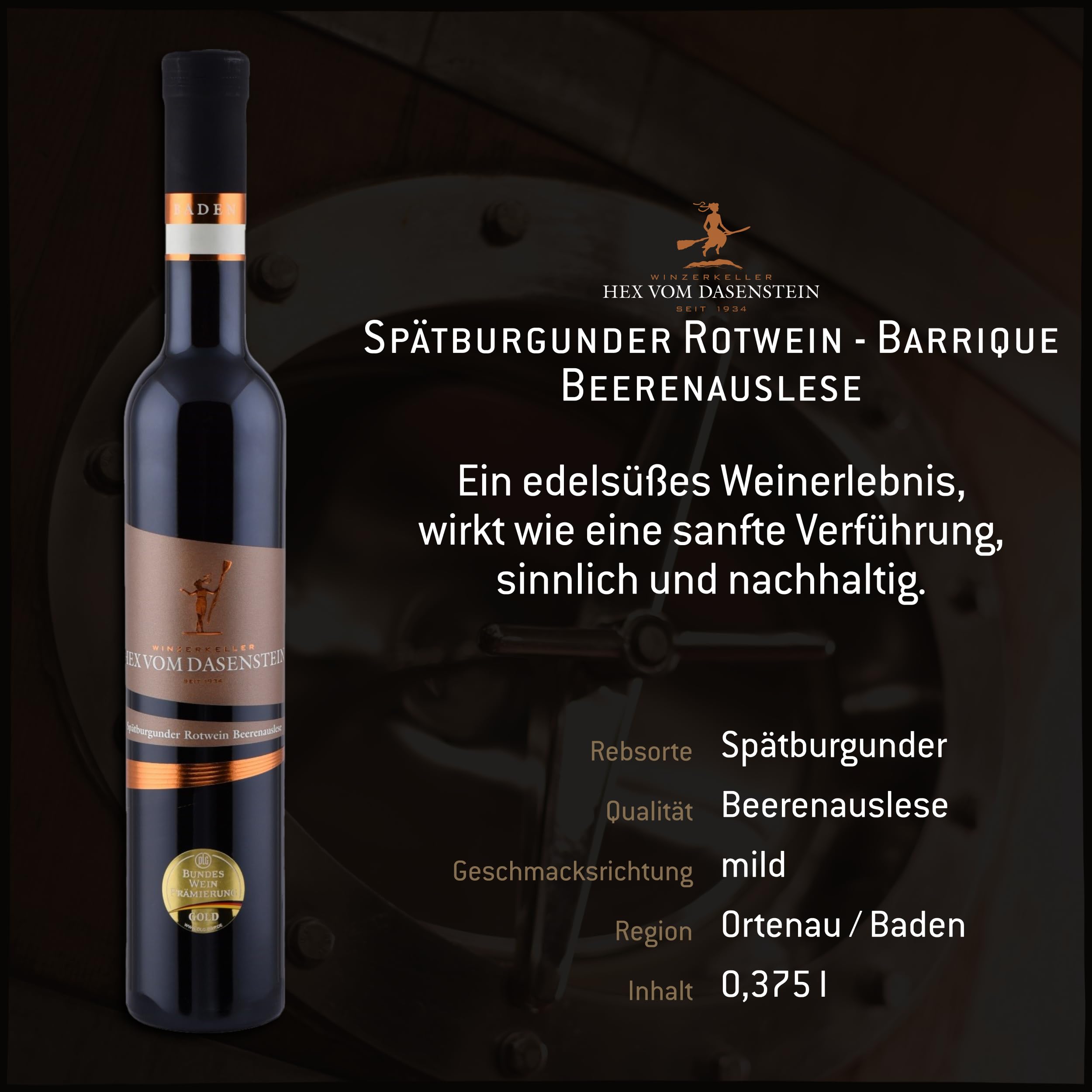 Hex vom Dasenstein Spätburgunder Rotwein Barrique Beerenauslese - edelsüßes Weinerlebnis, sanfte Verführung, sinnlich und nachhaltig - Badischer Wein, Anbaugebiet Ortenau (1 x 0,375l)