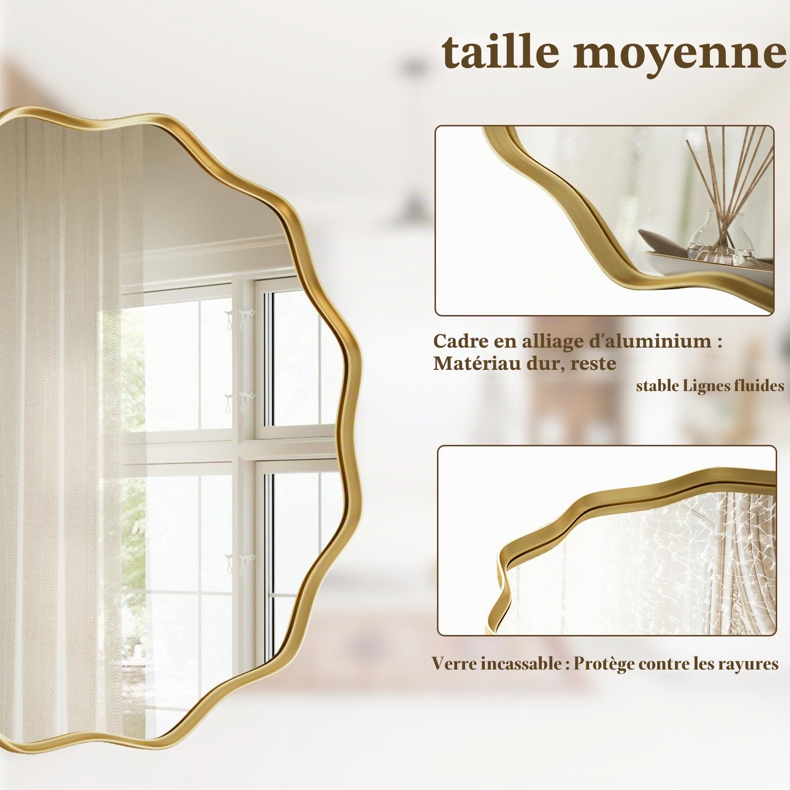 Koonmi Grand miroir rond à bord ondulé de 75 cm avec cadre en métal texturé à suspendre ou à poser au mur pour salle de bain, entrée, salon, doré