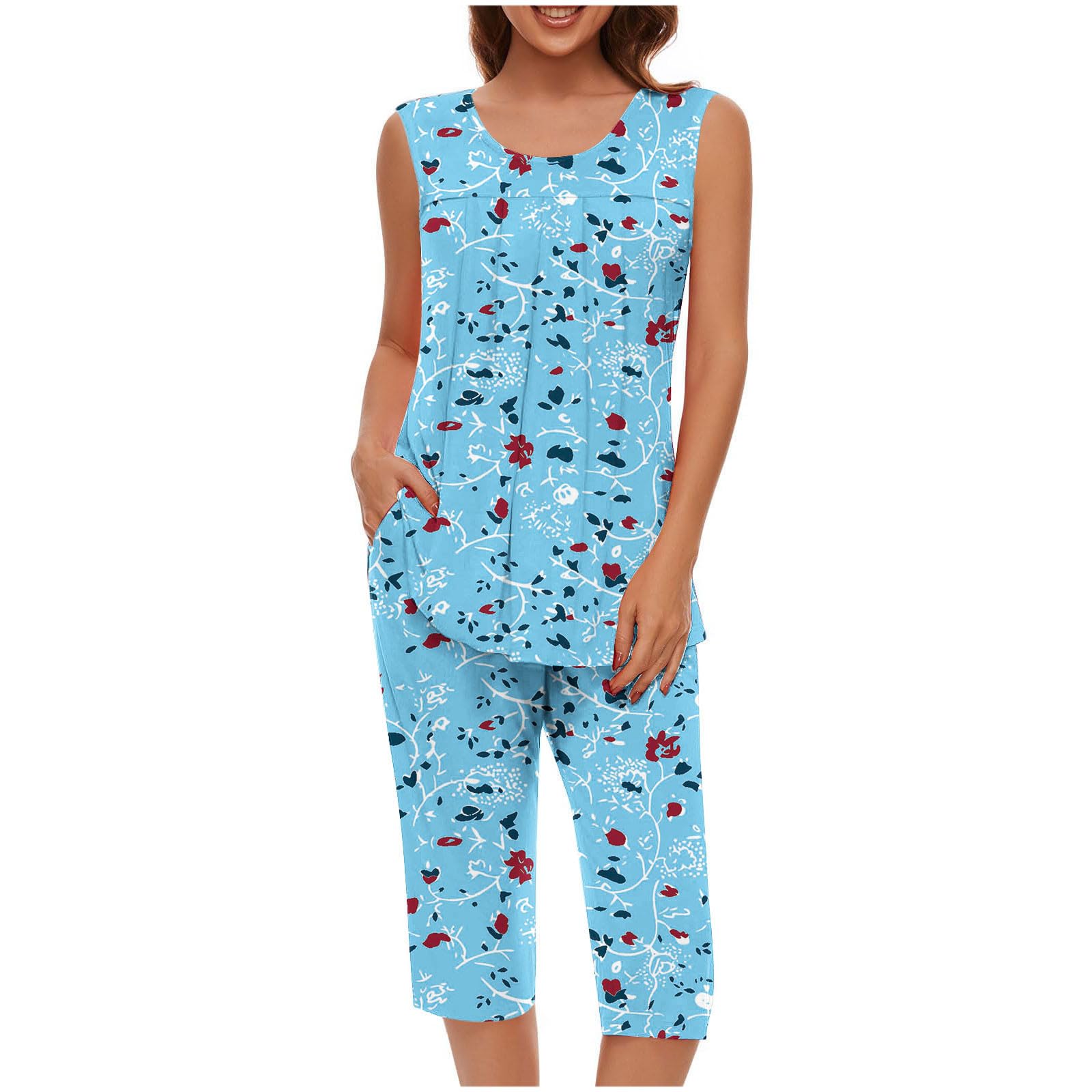 Pajama Sets for Women Summer Plus Size Lounge Sleepwear Loose Sleeveless Tops Printed Bermuda Shorts with Pockets — view 12