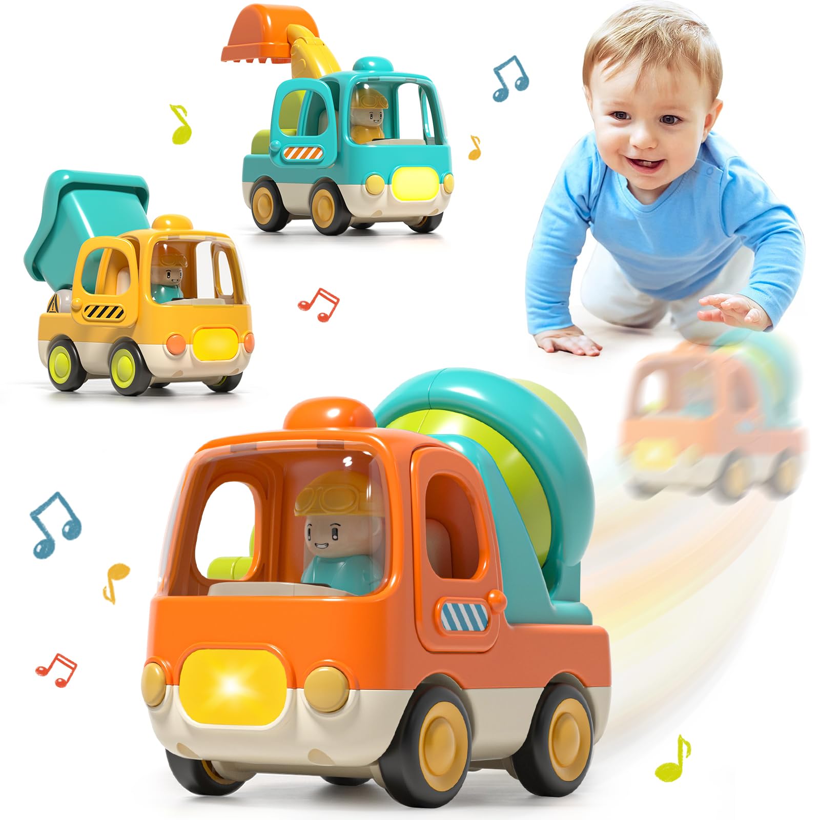 Baby Toys Push Cars for 1 2 3 Year Old Friction Powered Construction 3 Pack Friction Vehicle Set Excavator Dumper Cement Mixer Truck Lights and Musial Toys Birthday Gifts for Toddlers 1-3
