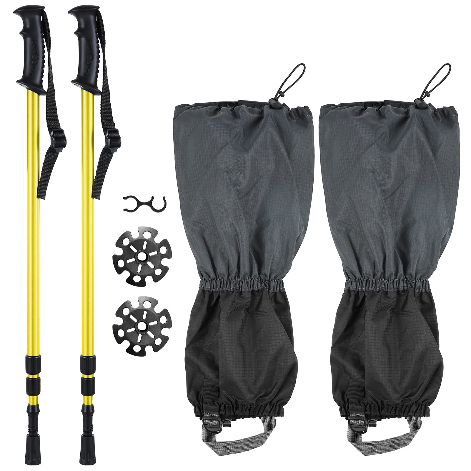 Walmeck Aluminiowe Buty śnieżne z Wodoodpornymi Getrami na Nogawkach, ergonomiczną konstrukcją, Regulowanymi Paskami i Rakami do Wygodnych Zimowych Wędrówek i Trekkingu, Kije Teleskopowe (Żółty)
