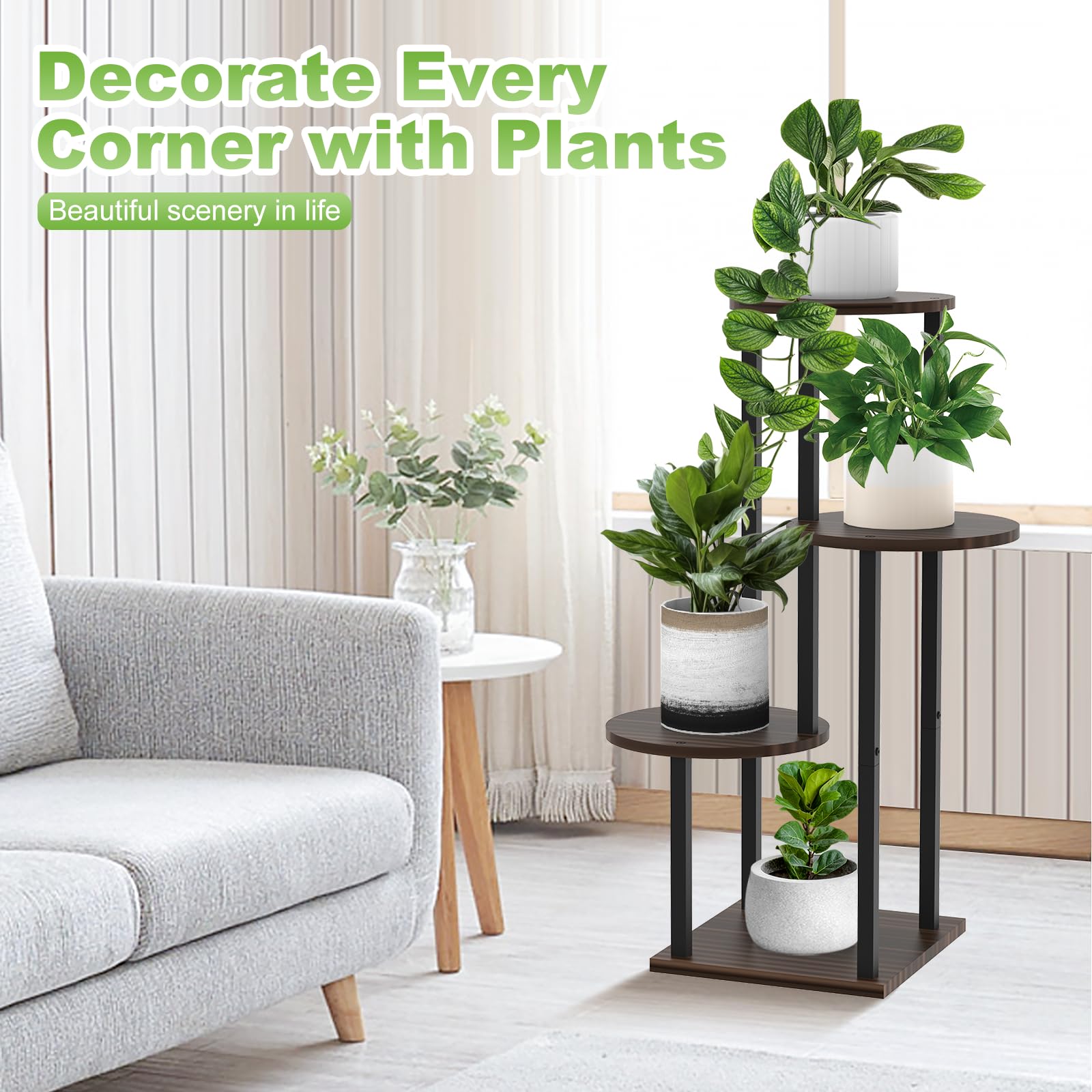 Étagère à fleurs en bois pour 4 animaux - Étagère en métal - Support de fleurs à plusieurs étages - Banc de fleurs - Escalier pour plantes - Étagère sur pied pour l'intérieur et l'extérieur -