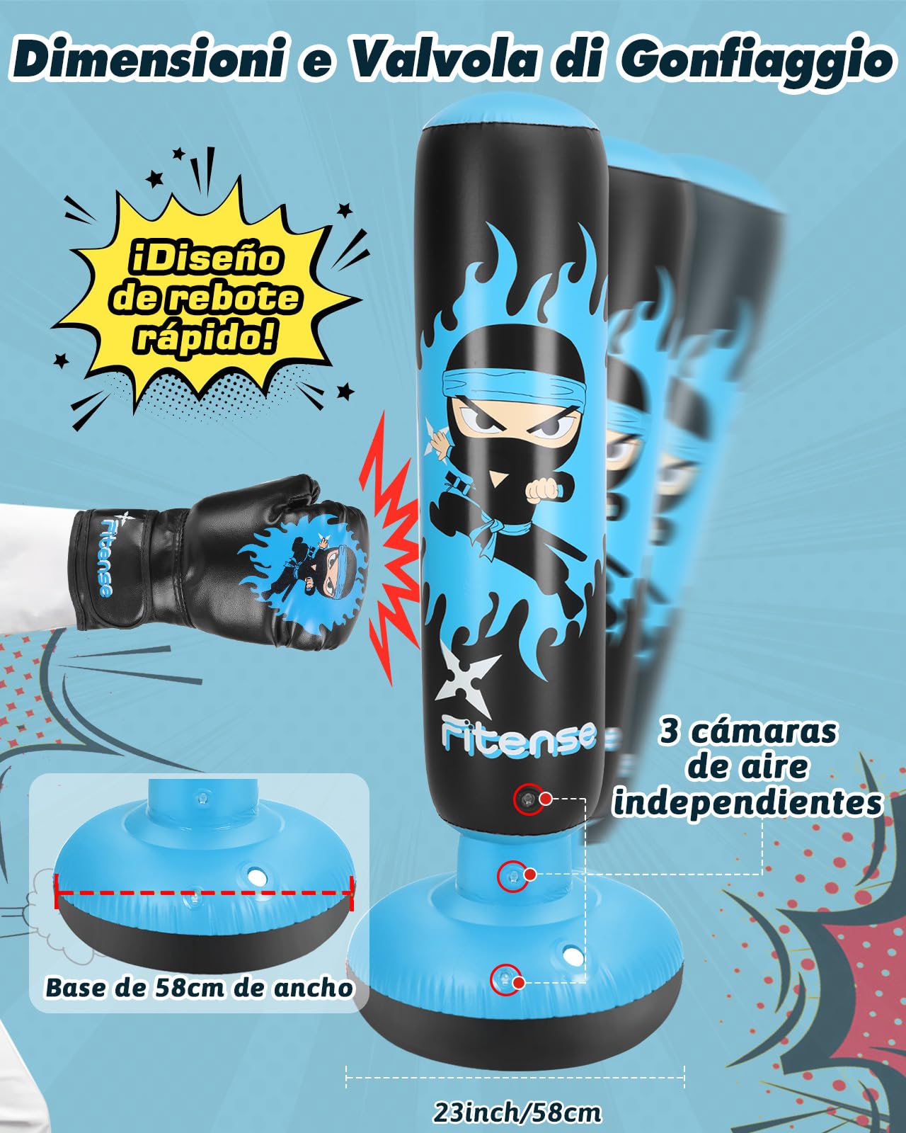 Fitense Saco de Boxeo Niños, 160cm Boxeo Saco Inflable con Guantes y Bomba, Punching Ball Estable para 3-12 Años, Set Regalo Saco de Boxeo de Pie para Práctica de Karate, Taekwondo, MMA,Ninja Azul