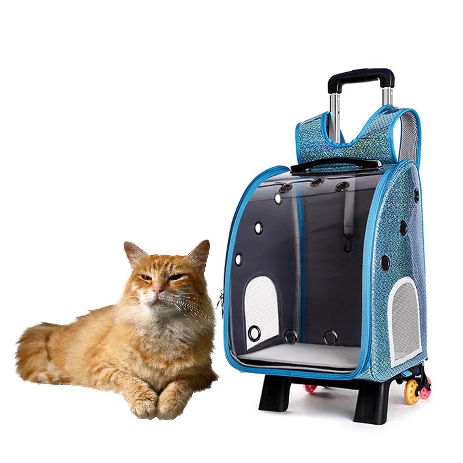 Transportín Mochila Transparente para Gatos con Ruedas Transportín para Gatos Apertura Superior con Malla Transpirable Varilla Telescópica Extraíble Bolso Mochila con Ruedas para Perros (Color : Blue