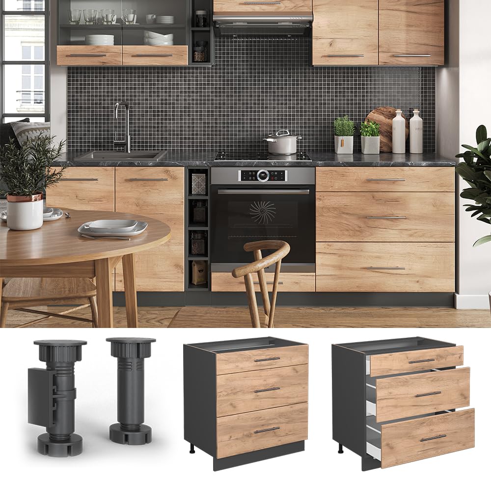 Vicco Mueble bajo de Cocina Fame-Line, Roble Dorado, 80 cm con 3 cajones, sin encimera, para Combinar con Otros módulos de la Serie Fame-Line