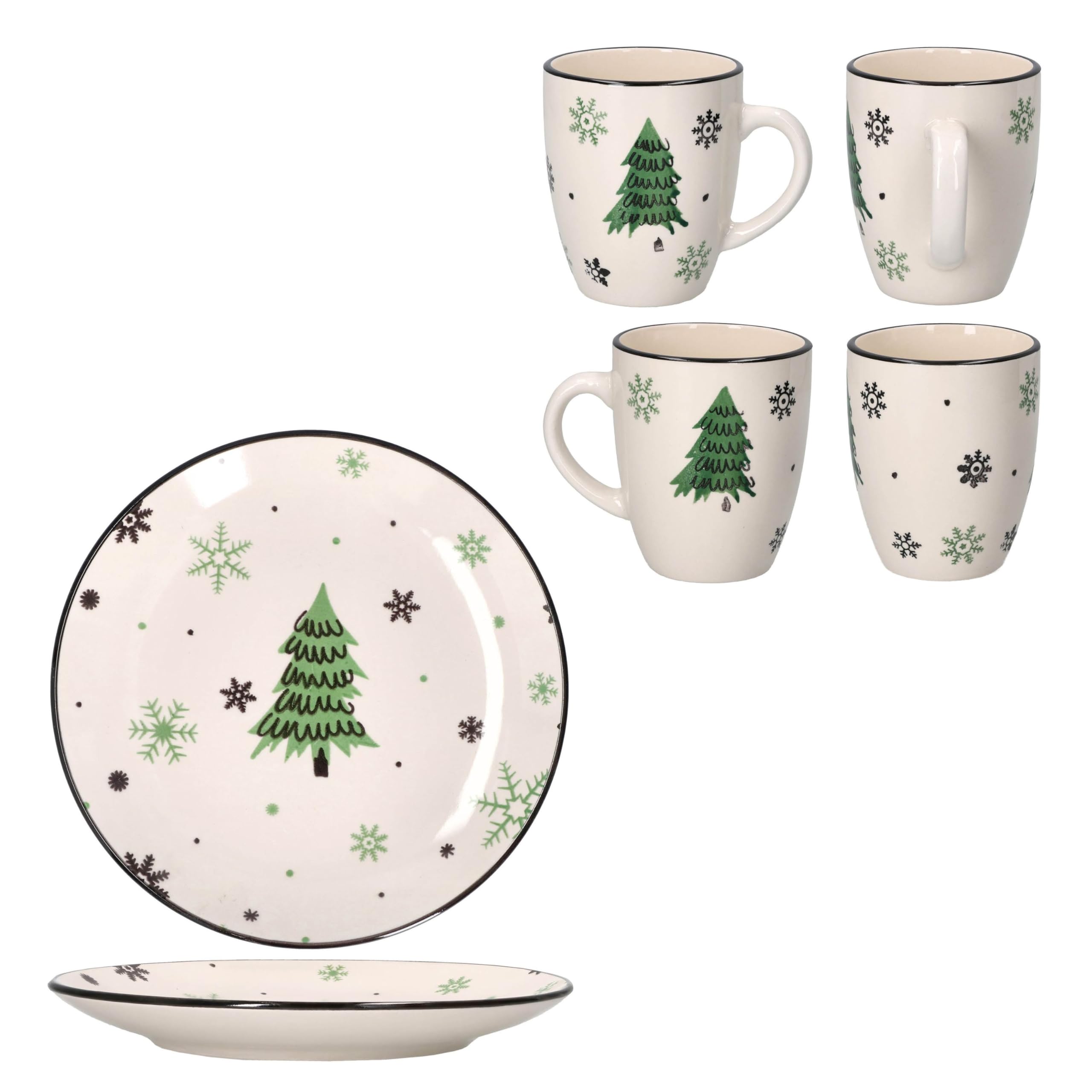 Service De Vaisselle Noël 18 Pièces - 6 Assiettes Plates, 6 Dessert, 6 Bols, Motif Sapins Et Flocons