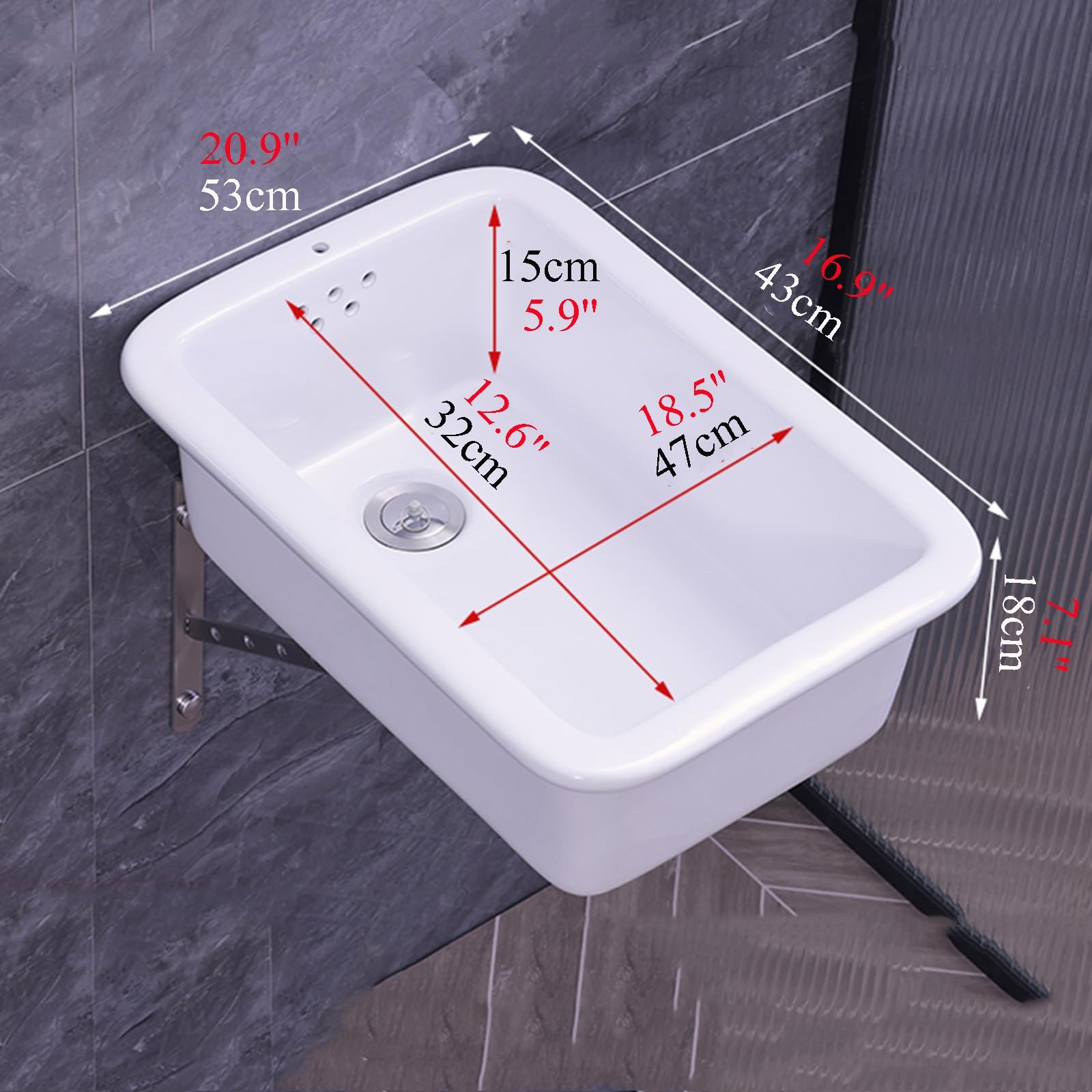 Evier en Céramique Lavabo Mural avec Trou de Trop-Plein Éviers de Cuisine Bonde de Grand Diamètre avec Support en Acier Inoxydable Arrondis du Lavabo(53x43cm/20.9x16.9)