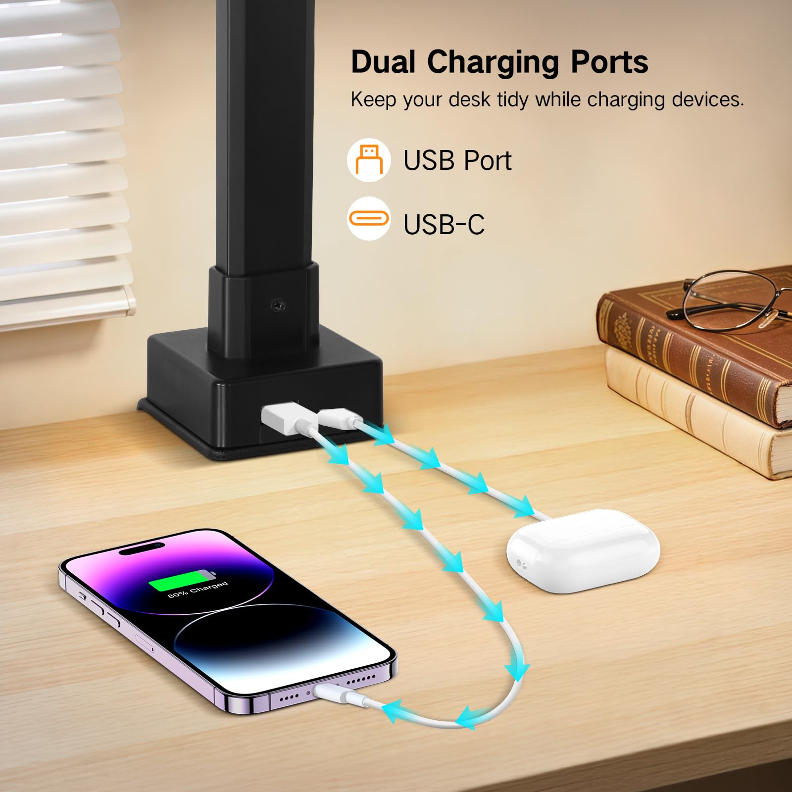 OUTON LED Schreibtischlampe Doppelkopf, Schwenkbarer Gelenkarm, USB-A & USB-C, Fernbedienung, 5 Farbtemperaturen, Stufenlos Dimmbar, Timer & Memory, Monitorlampe Büro & Homeoffice, Schwarz