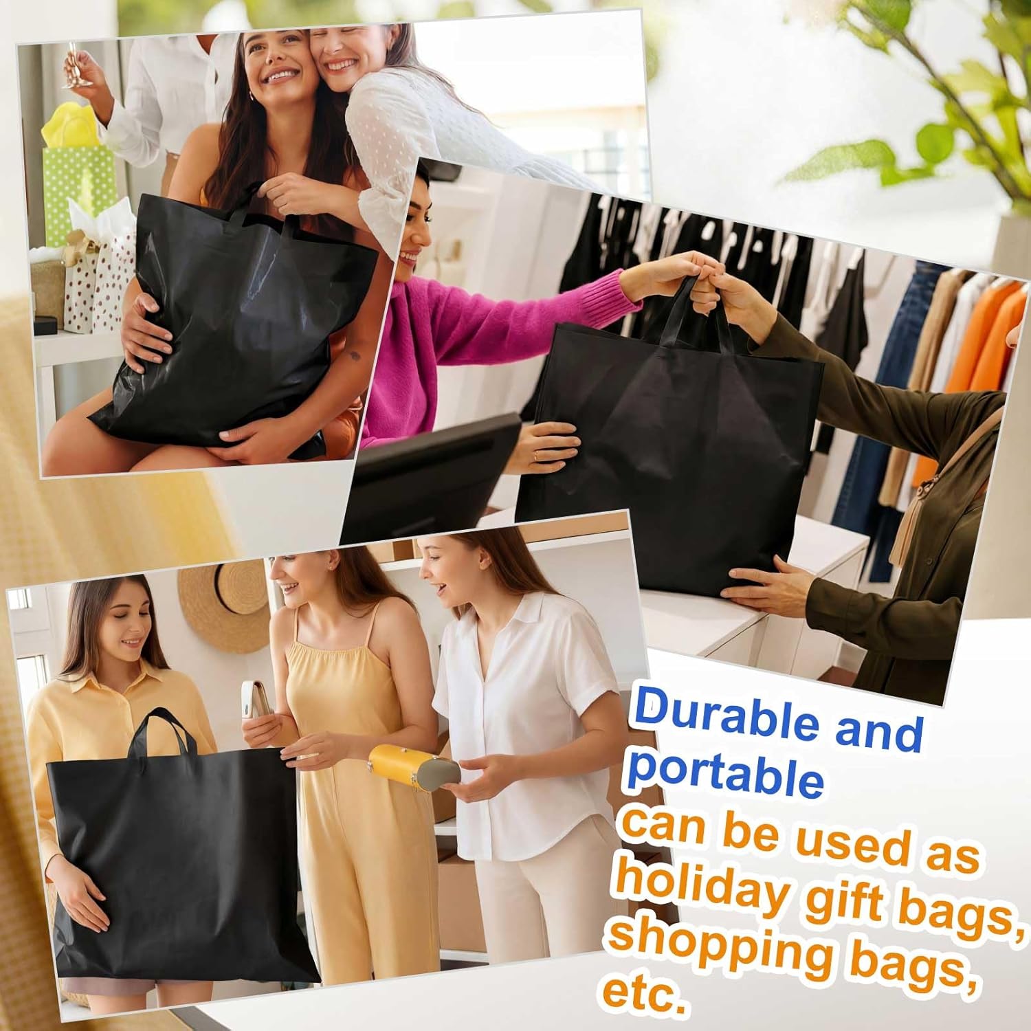 Qilery 100 Pack 24" x 24" Large Black Plastic Shopping Bags with Handles Reusable Merchandise Gift Bags Bulk for Small Business Merchandise Retail Grocery Packaging Gift Giving