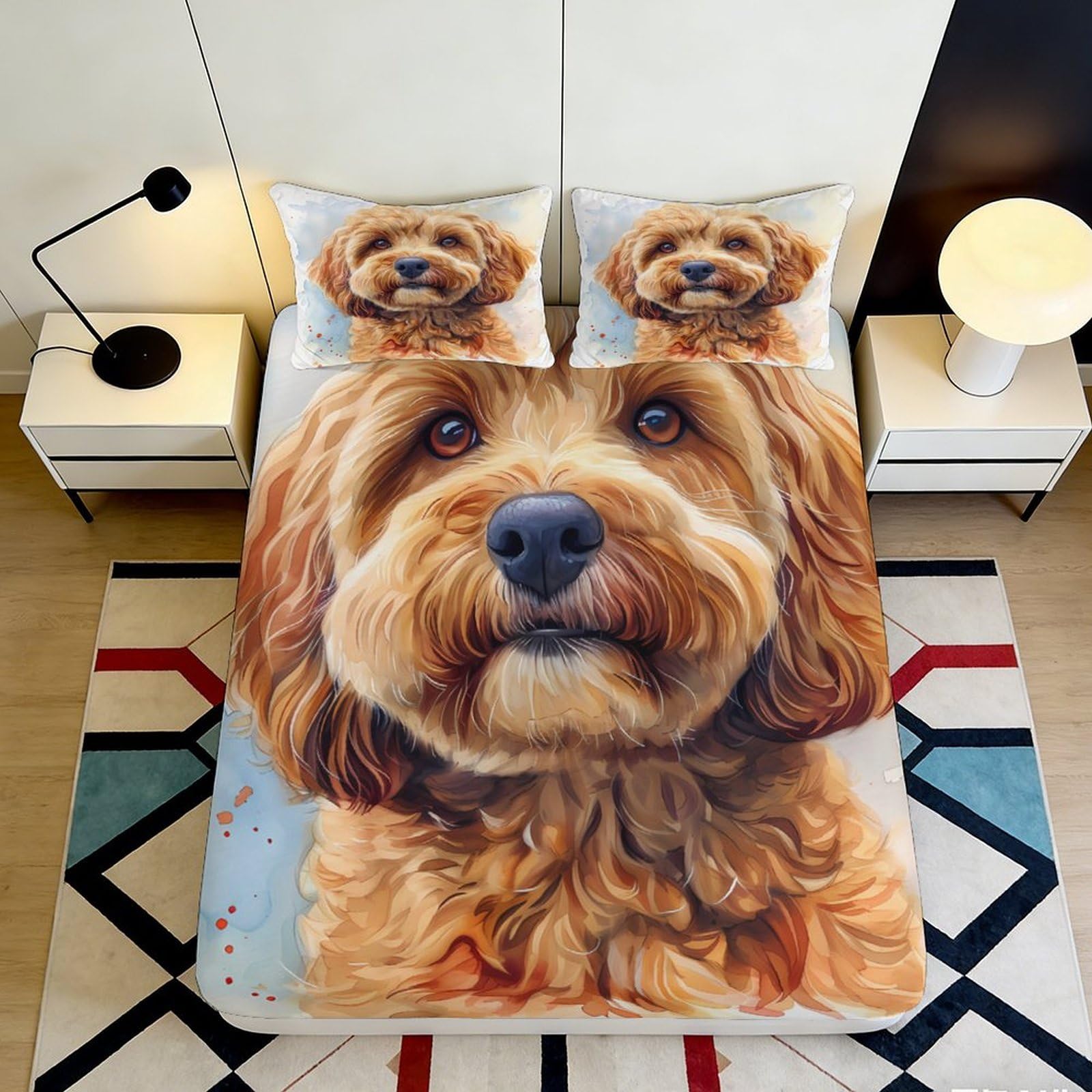 3D Printed Dog Portrait Fitted Sheet Microfiber Soft Anti-Slip Brown Puppy Bed Cover for Bedroom Dorm Mattress Protection Decor 140x200x25cm