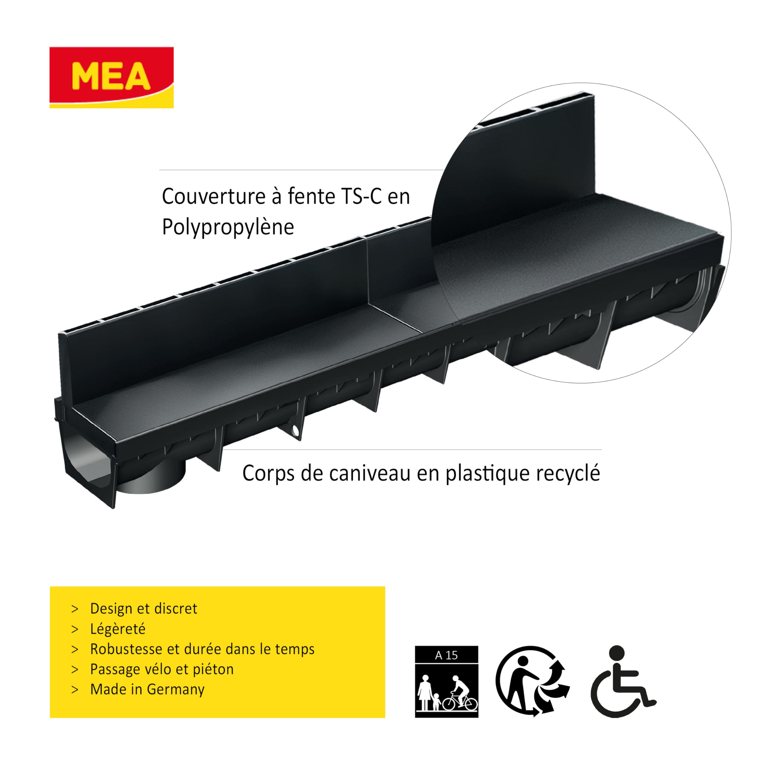 MEAPARK Pack de 9 Caniveaux Extérieurs Grille à Fente en PP Recyclé Drainage Terrasse Classe A15 Piéton Largeur utile 10 cm