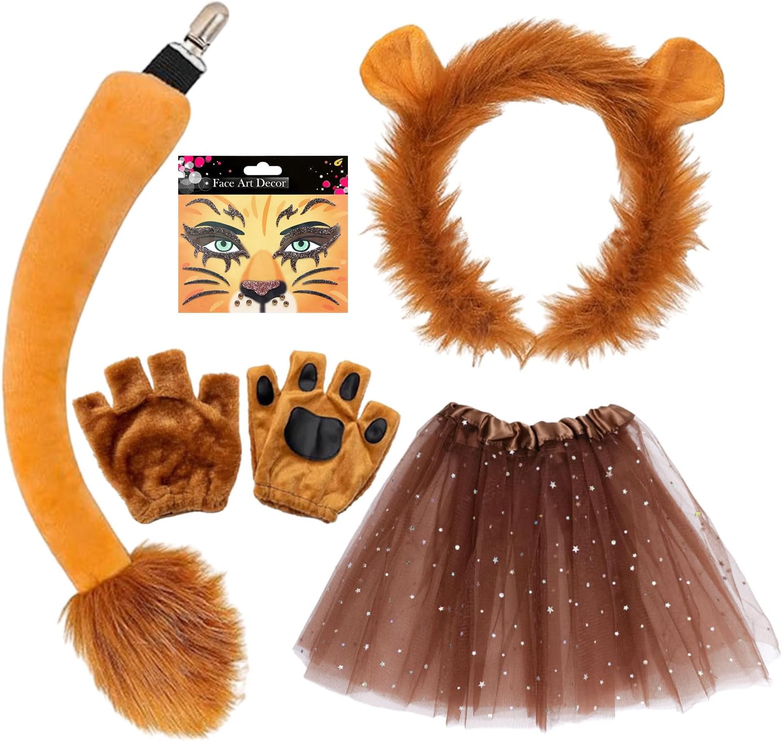 Lion Costume for Adults and Children 5 Pieces Face Painting Lion Ears Headband Gloves Tail Tutu Lion Kit Animal Lion Fancy Accessories for Animal Cosplay