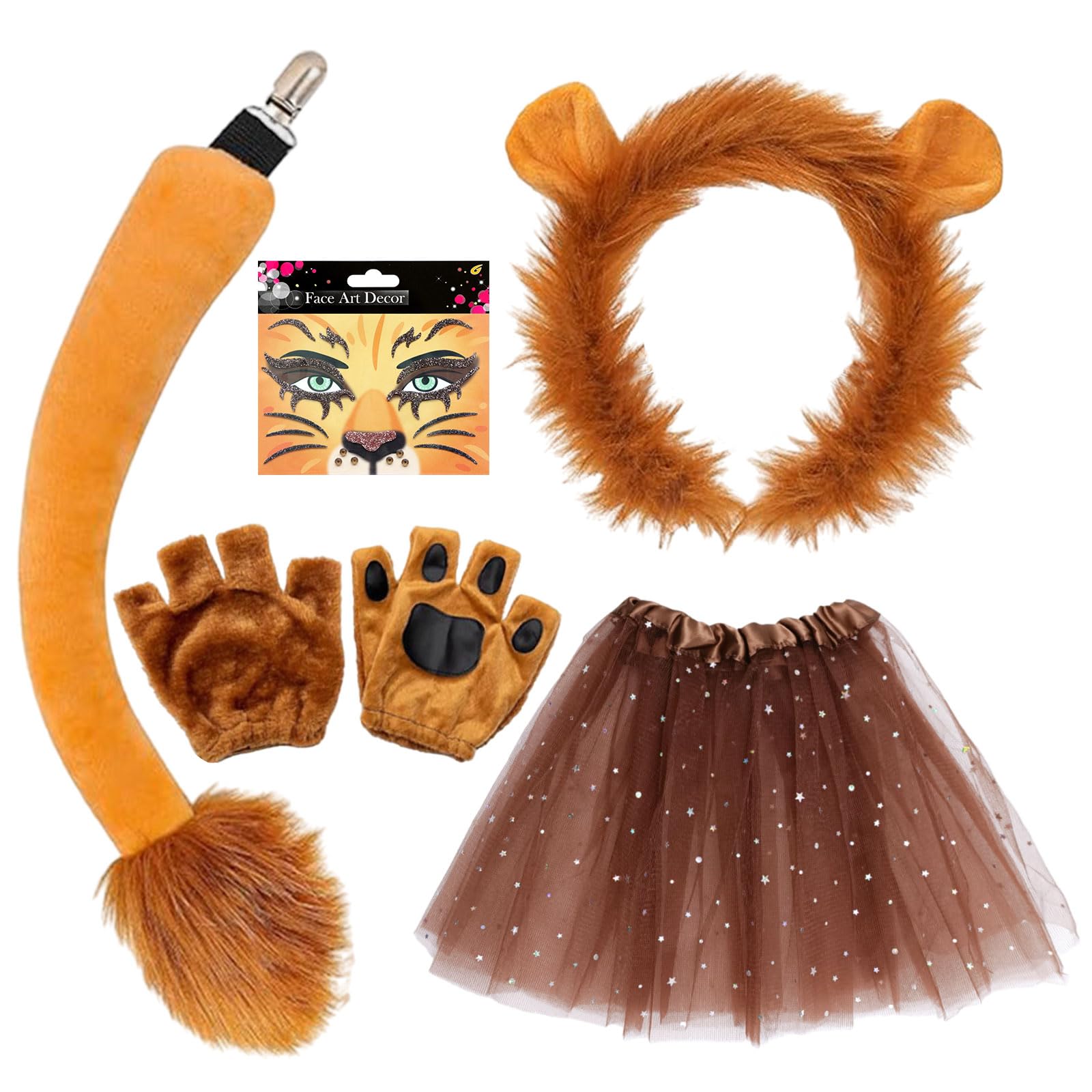 TUONYIS 5 Pieces Lion Costume for Kids,Face-painting,Ears Headband Gloves Tail Tutu Kit,Animal Fancy Accessories for Animal Cosplay Stage Performance Halloween(Lion)