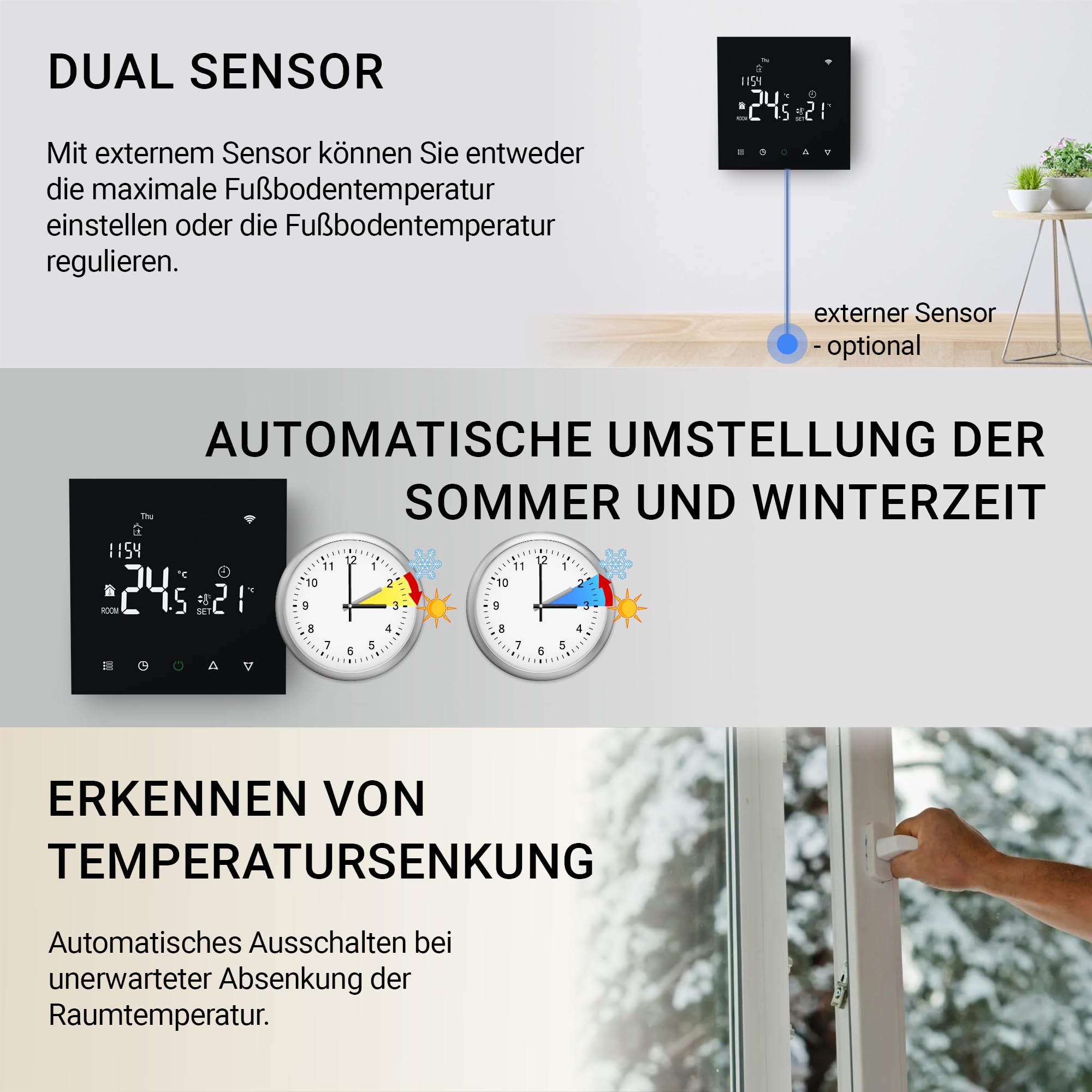 Elektrobock PT740B-EI - Termostato intelligente per riscaldamento a pavimento e riscaldamento elettrico, 6 programmi/giorno, rilevamento di geofencing e finestre, 230 V, 16 A