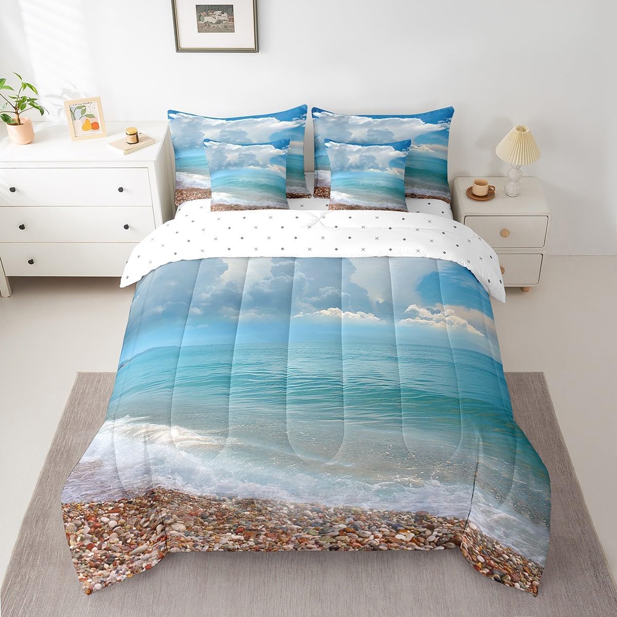 Feelyou Queen Comforter Set 7 Pcs Snow Scene Bed in a Bag Cedar Pattern Bedding Set for Kids Adult Winter Nature Themed Comforter Bed Set with Sheets, Pillowcases, Pillow Covers Room Decor White