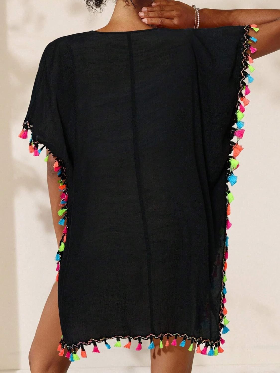 Women's V-Neck Loose Straight Cover Up Dress With Pom-Poms Trim Summer cover ups for swimwear