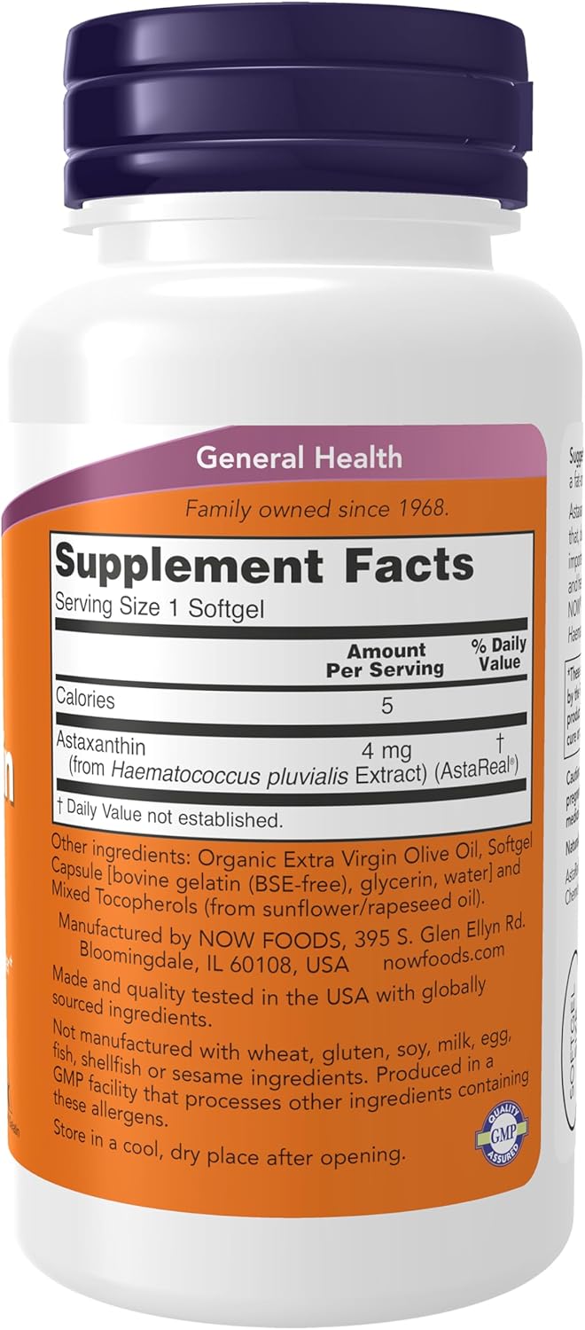 NOW Supplements, Astaxanthin 4 mg derived from Non-GMO Haematococcus Pluvialis Microalgae and has naturally occurring Lutein, Canthaxanthin and Beta-Carotene, 90 Softgels - Image 2