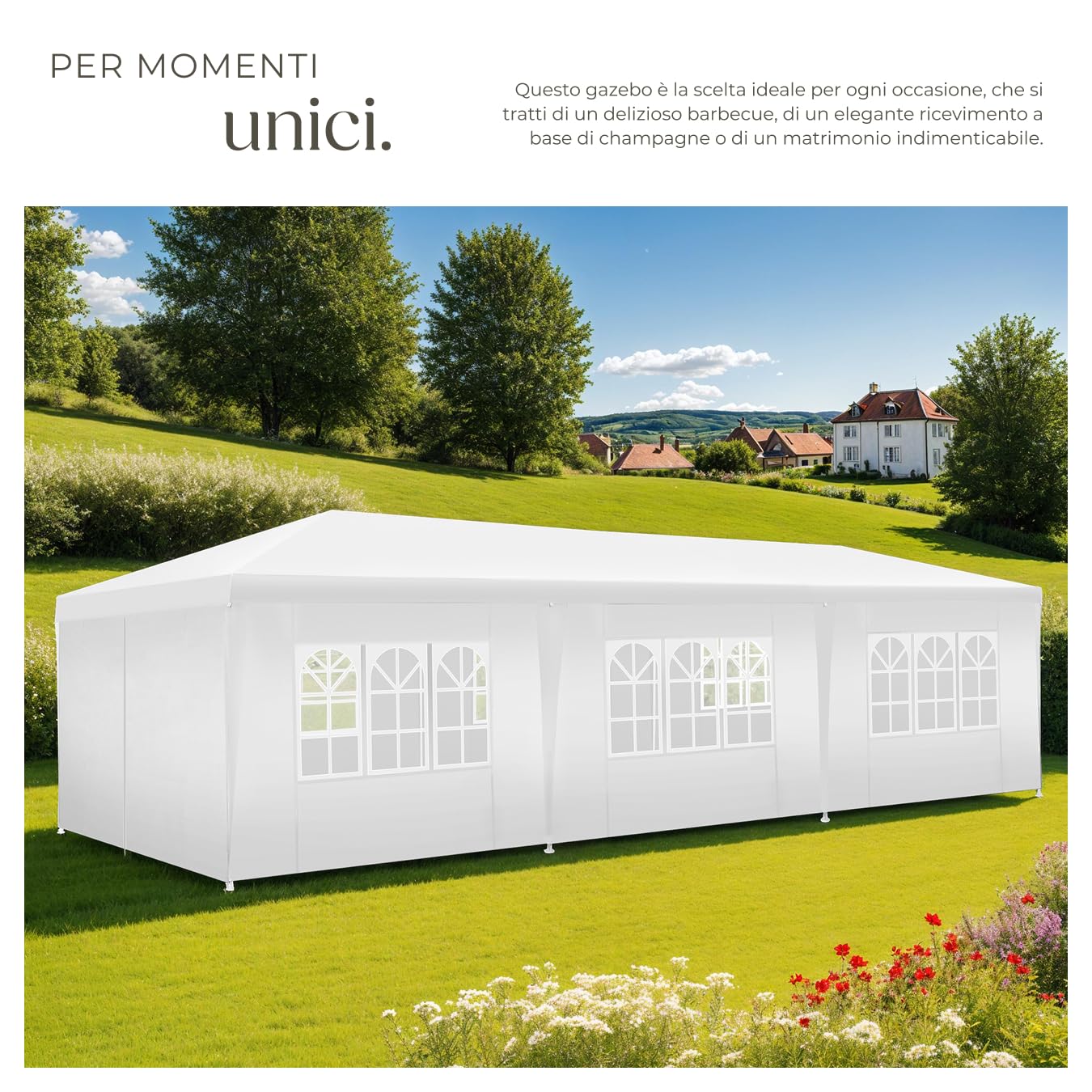 tectake® Gazebo Esterno Resistente 9x3 m, Impermeabile, con 8 Pareti Laterali Rimovibili, Protezione UV, Telaio in Acciaio, Tendone per Feste, Matrimoni, Campeggio, Gazebi Terrazzo Esterno - Bianco