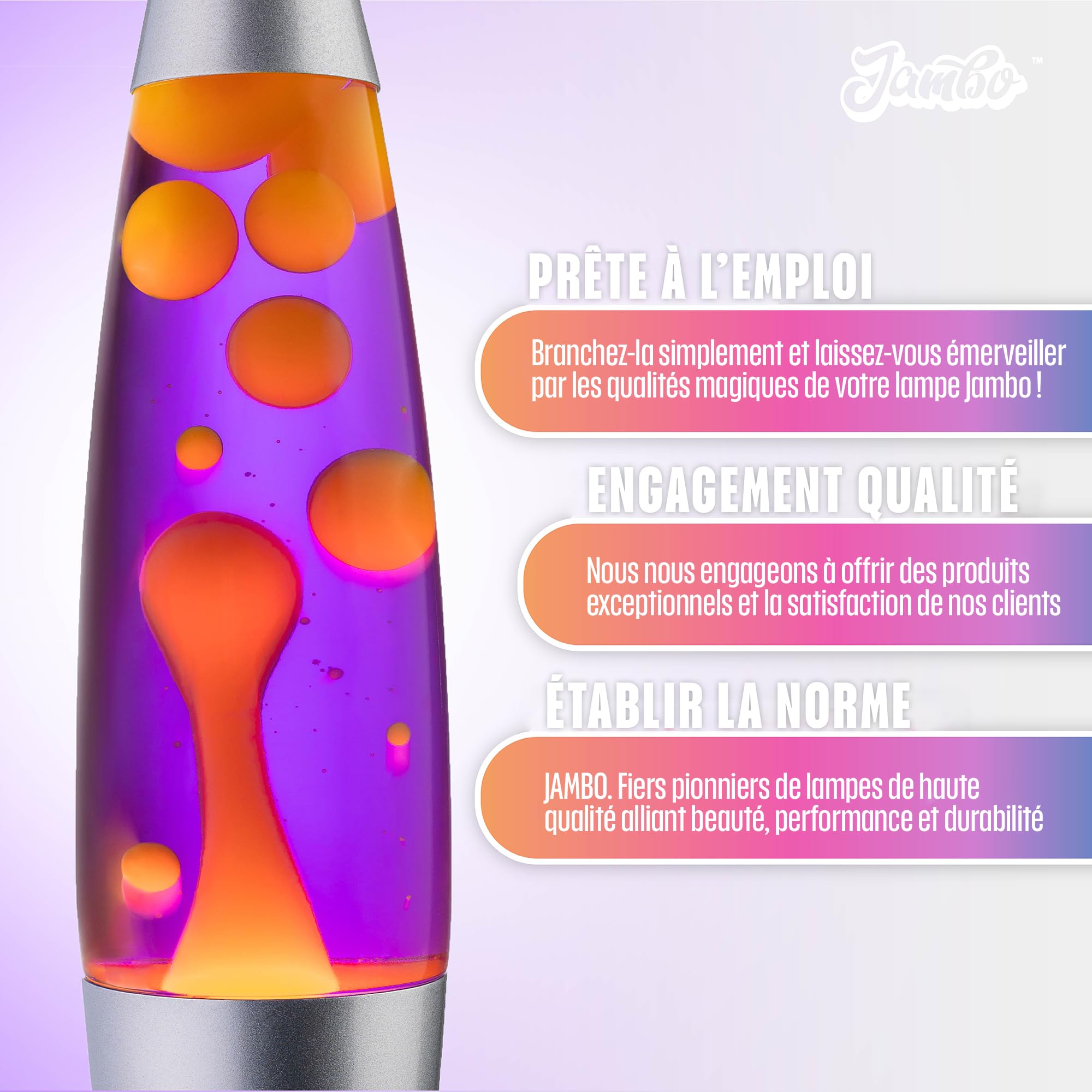 Jambo Lampe à mouvement liquide 16" – Pourpre avec cire jaune/orange – Lampe décorative relaxante pour salon, bureau, chambre