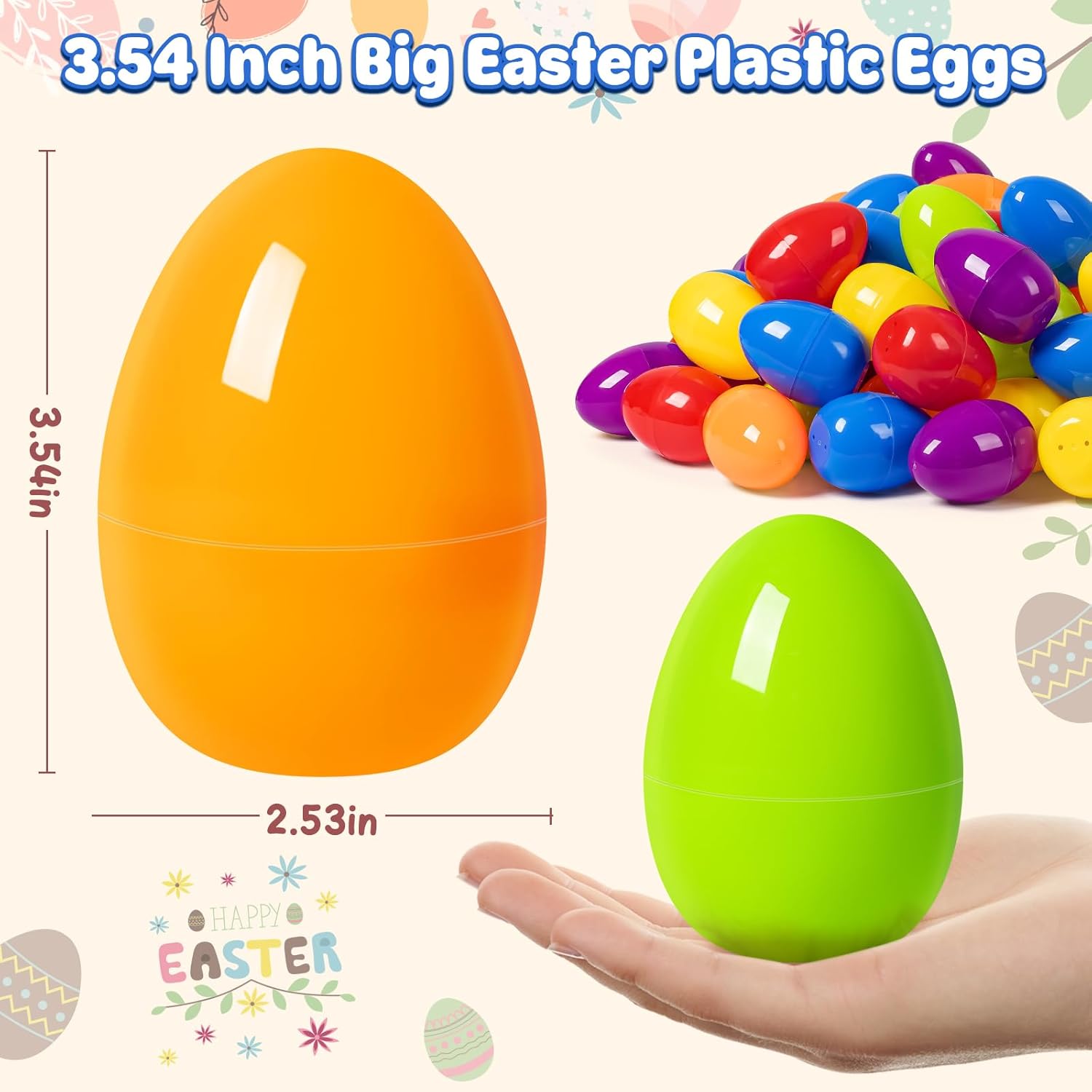 V-Opitos 3.5'' Big Easter Plastic Eggs, 36 PCS Bulk Empty Easter Eggs in 6 Colors, Fillable Hinged Eggs for Easter Egg Hunt, Basket Stuffers Fillers, Easter Party Favor for Kids