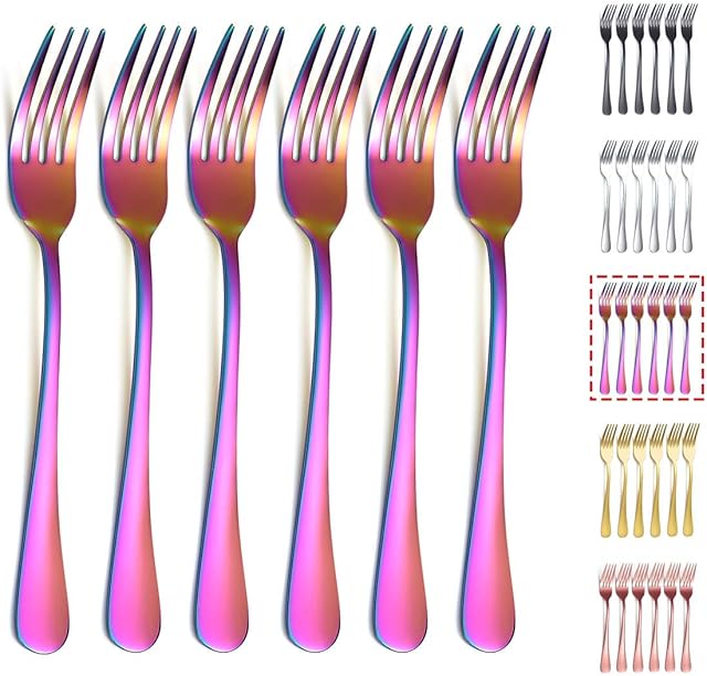 Kyraton Rainbow Dinner Fork 6 Pieces, Stainless Steel 20.5cm Forks Colorful Titanium Plating Silverware, Mutil-Color Forks Set of 6
