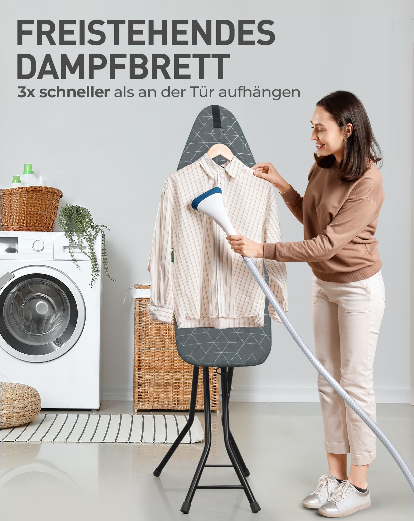 LyriFine Bügelbrett mit Bügeleisenablage, 2-in-1 Bügeltisch für Dampfbügeln & klassisches Bügeln, hitzebeständige Auflage, klappbar mit Haken, Stabiler Stahl, Bügelbrett für Dampfbügelstation, grau