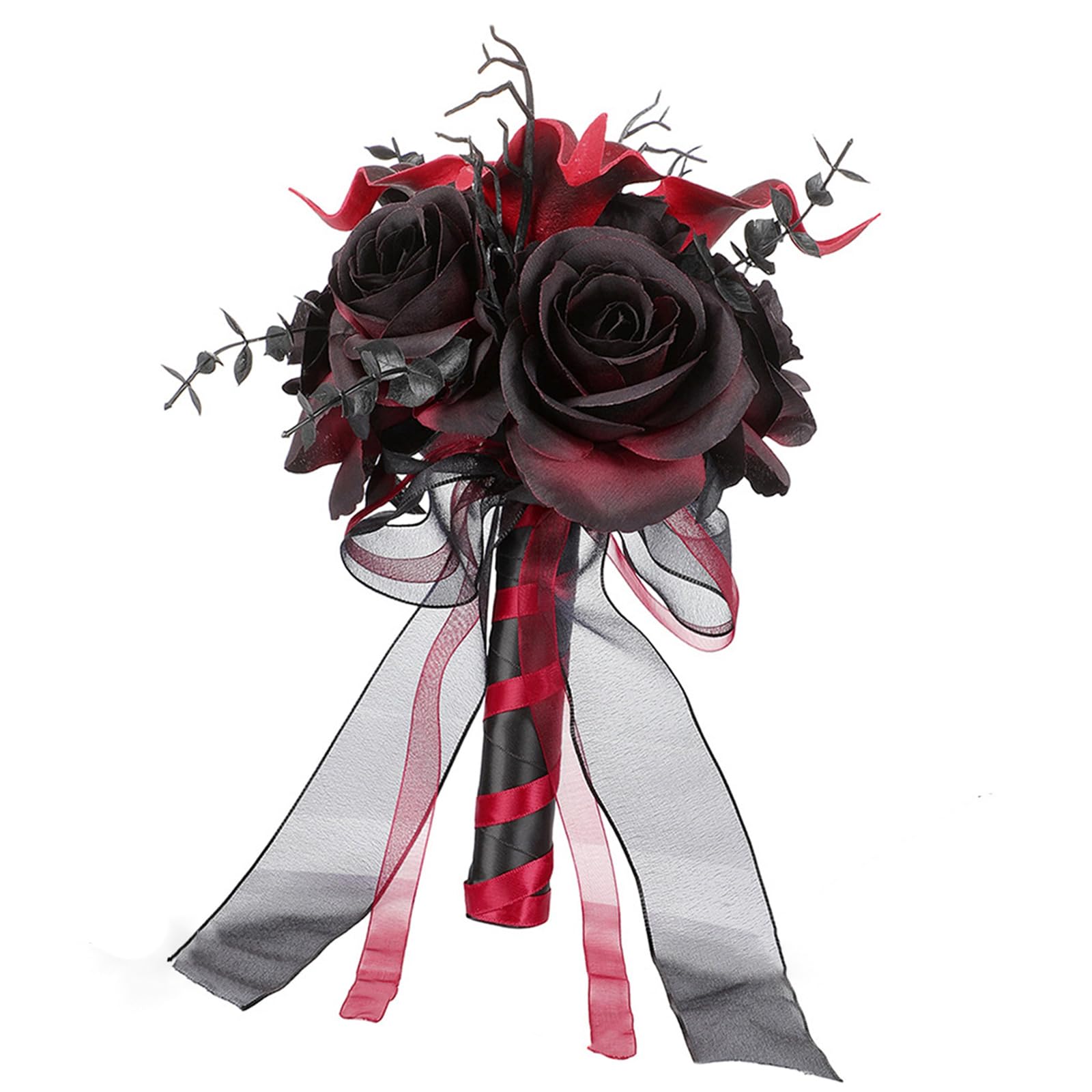 Kfwfuaee B Artificial Wedding Rose Ouquet With Gothic Dark Theme Styling, Ribbon Tails And Handheld Display Accent For Decor Ceremony Ouquet Faux Floral Hand Dark Wedding Decor Dramatic Photo Display Event
