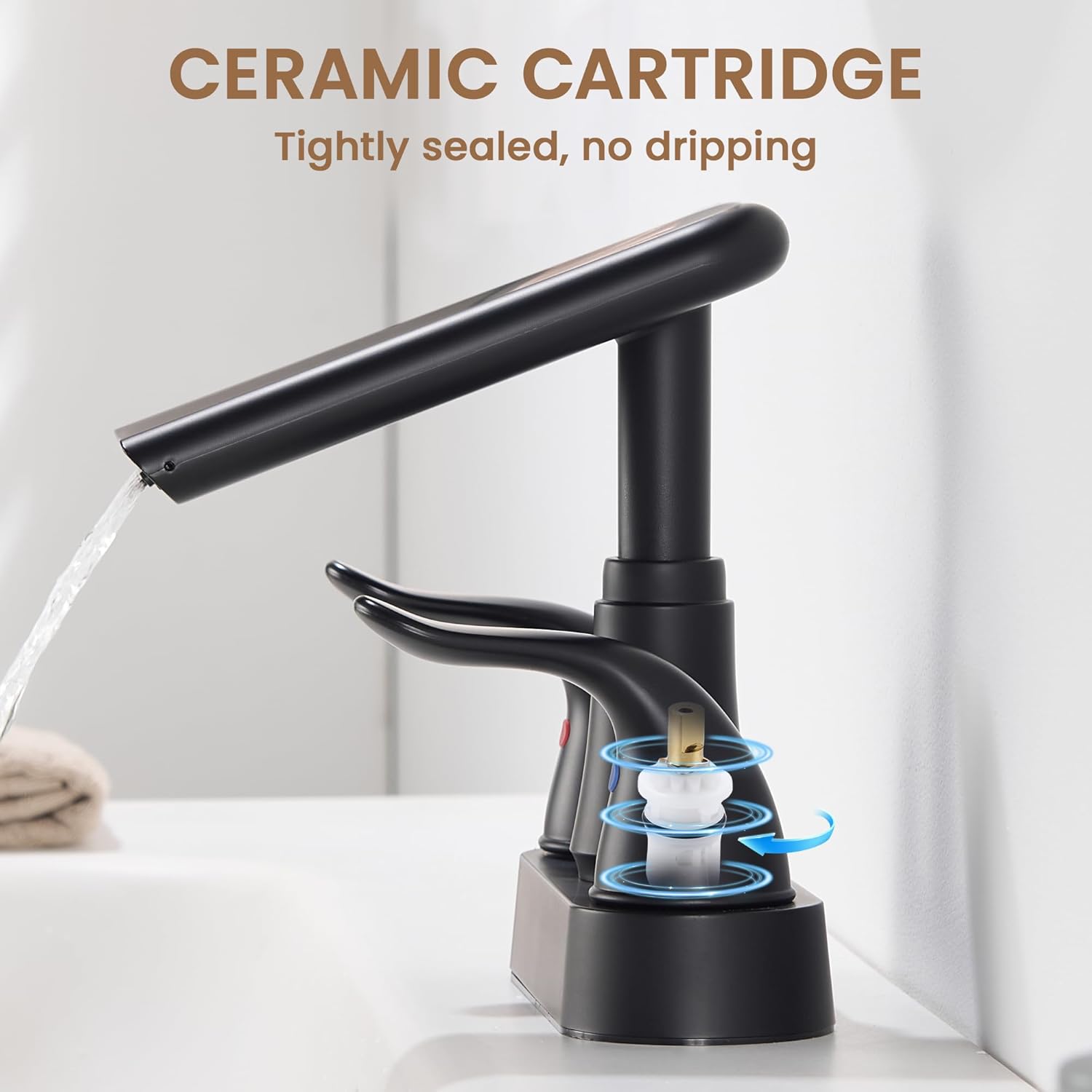 Matte Black Bathroom Faucet 4 Inch Centerset, Waterfall Plastic Bathroom Sink Faucet with Pop Up Drain & Overflow, Dual Handle 360° Swivel Spout, Fits 2 or 3 Hole Lavatory Sink, Modern Design