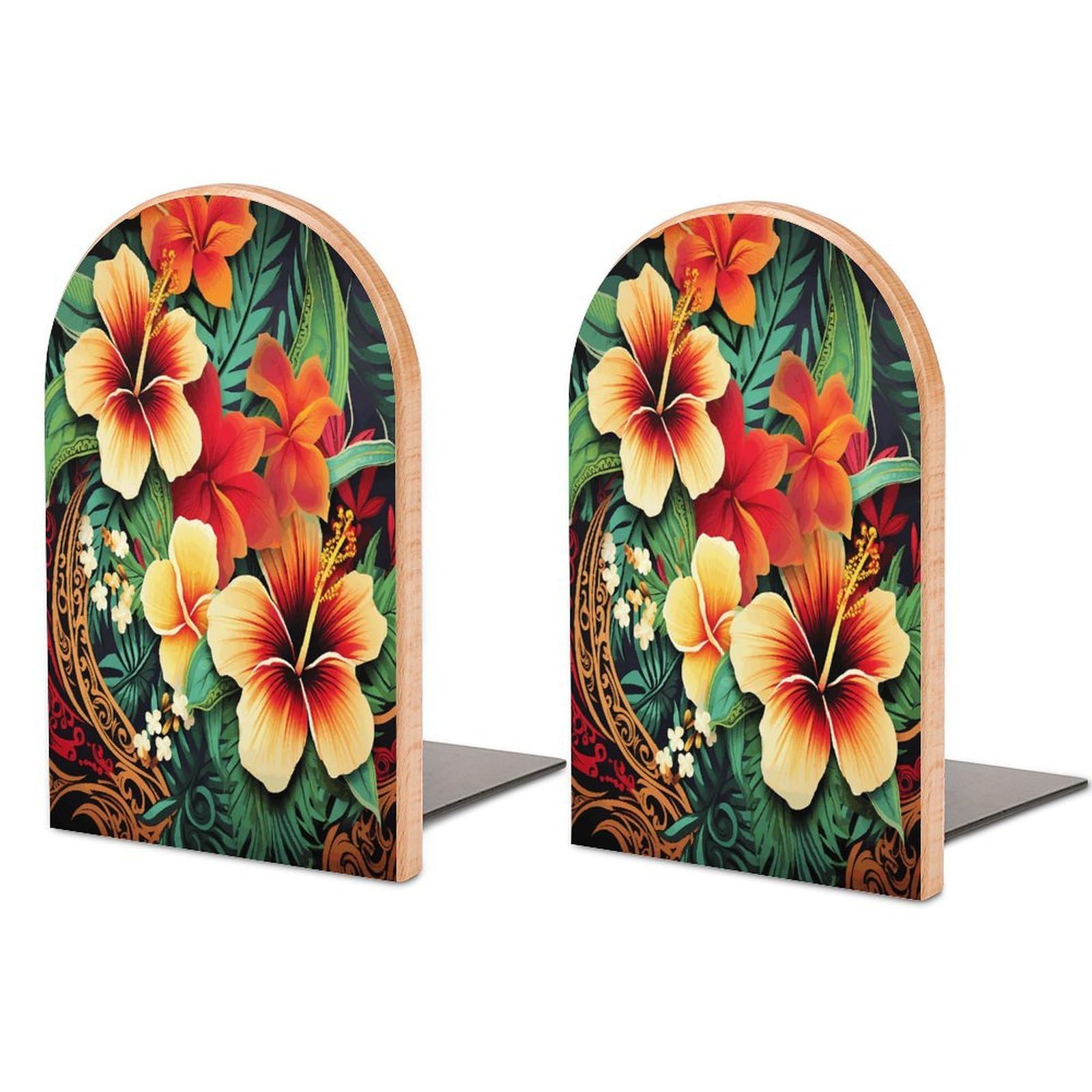 Hawaiian Style Print Pattern Bookend Wood Book End for Shelves Heavy Duty Non-Slip Wooden Bookend Support Universal Economy Bookends Fancy Modern Decorative Book Accessories 1 Pairs