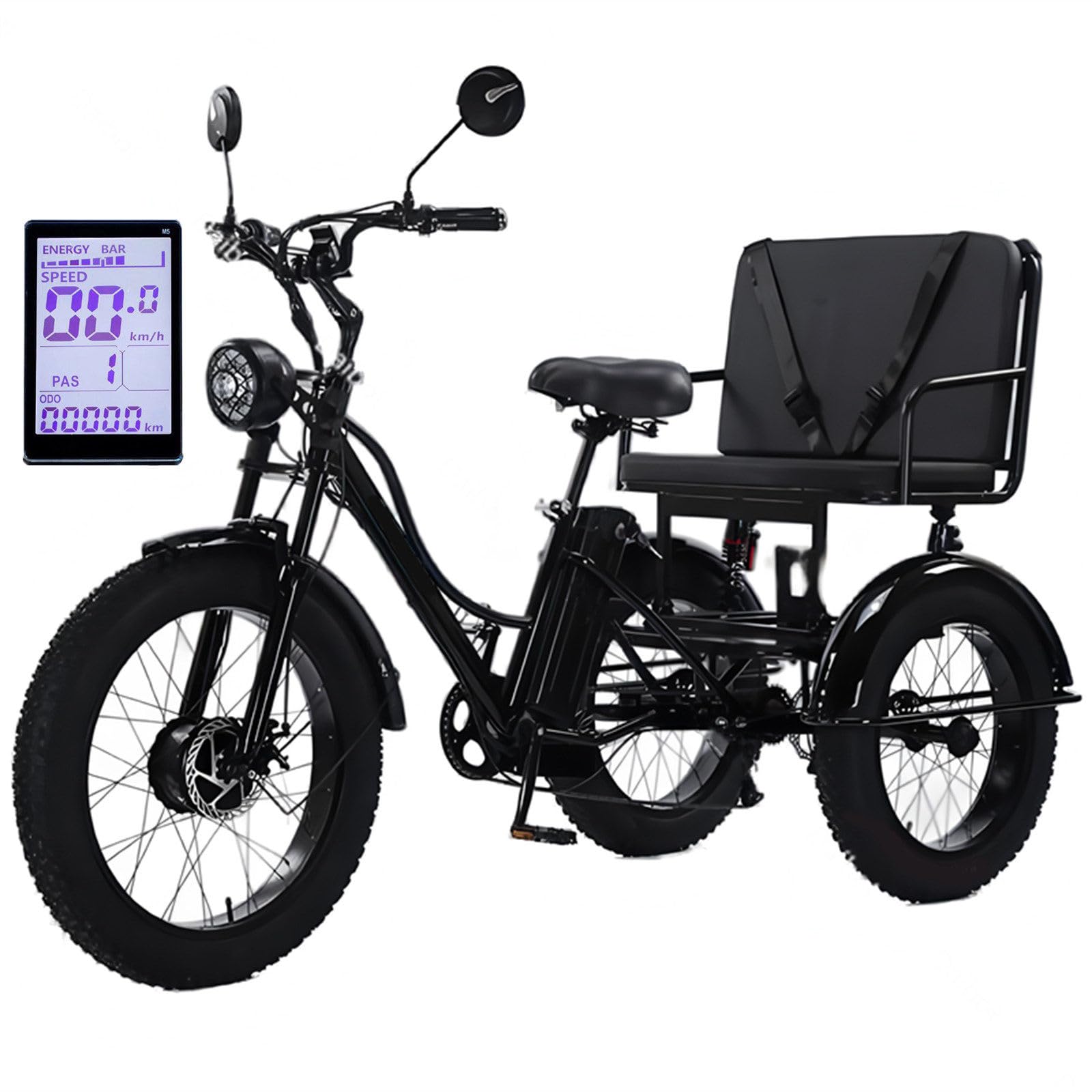 Triciclo Elettrico Per Adulti (7 Velocità), Bici Elettrica Triciclo Con Pneumatici Larghi Da 24 Pollici Con Sedile Passeggero, Display Lcd + Faro, 48 V/18 Ah, Per Città E Strade Di Montagna Black
