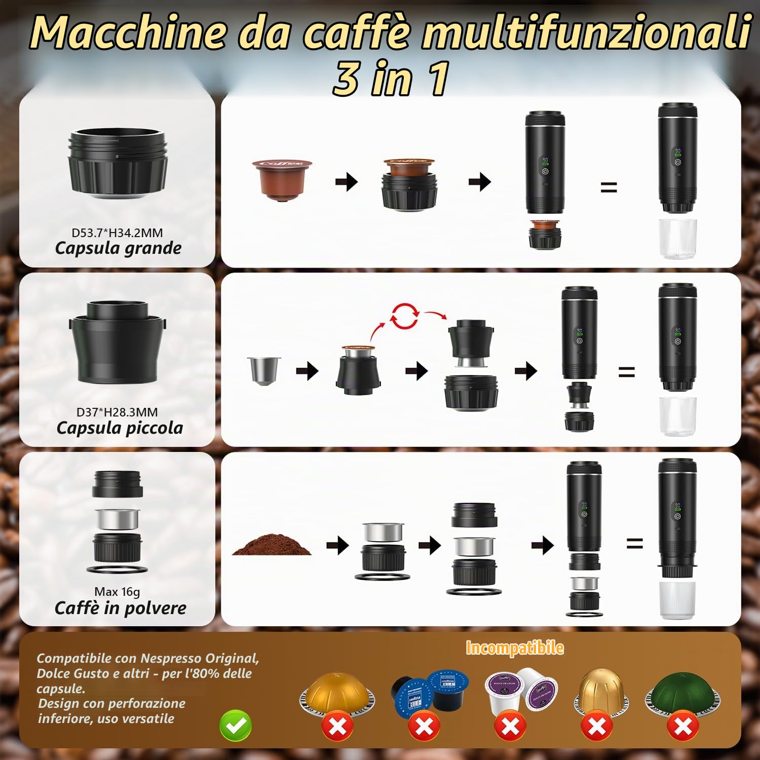 Macchina da Caffè Espresso Portatile, 3 In 1 Caffettiera portatile, Macchina per Caffe a Batteria, compatibile con capsula e caffè macinato, 15 Bar & Freddo e riscaldante per Auto, casa