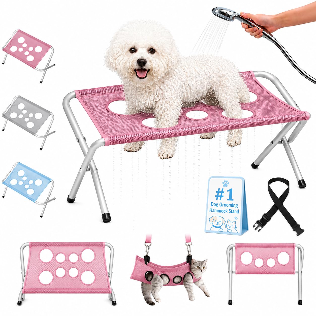 Dog Grooming Hammock Stand, Foldable Pet Bath Holder Sling Shower Chair, Heavy-Duty Pet Bath Stool for Small & Medium Dogs, Home Salon Grooming, Washable Mesh, Joint Support Restraint (A-Pink)