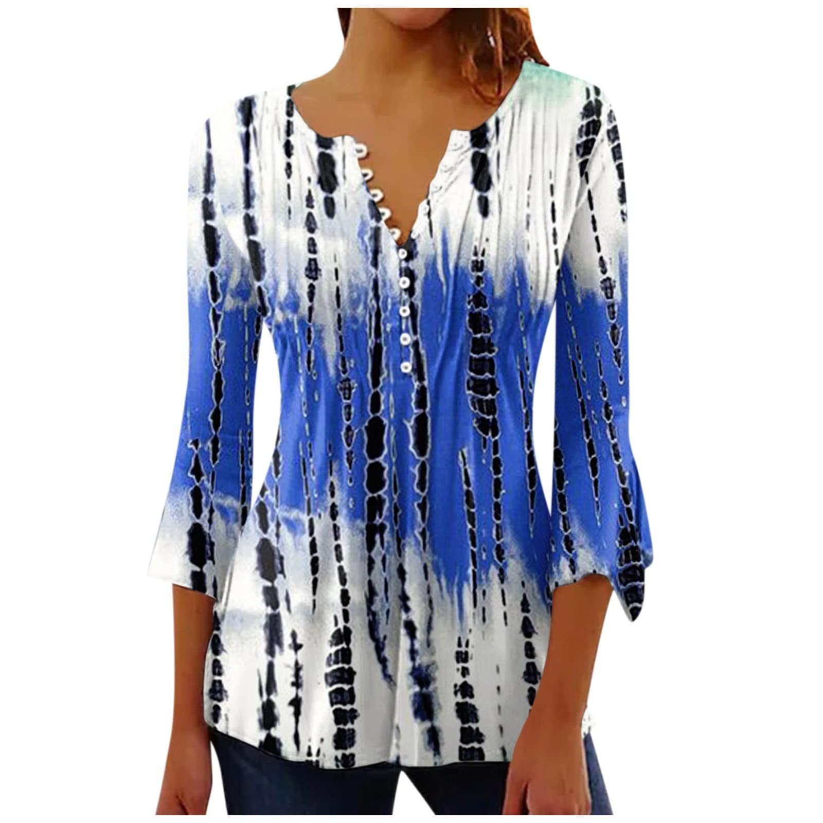 Tie Dye Shirt Women Hawaiian Shirt V Neck Tops for Women Womens Tops Summer Long Sleeve Workout Tops for Women Crop Top Summer Tops Nursing Tops,Blue,Large