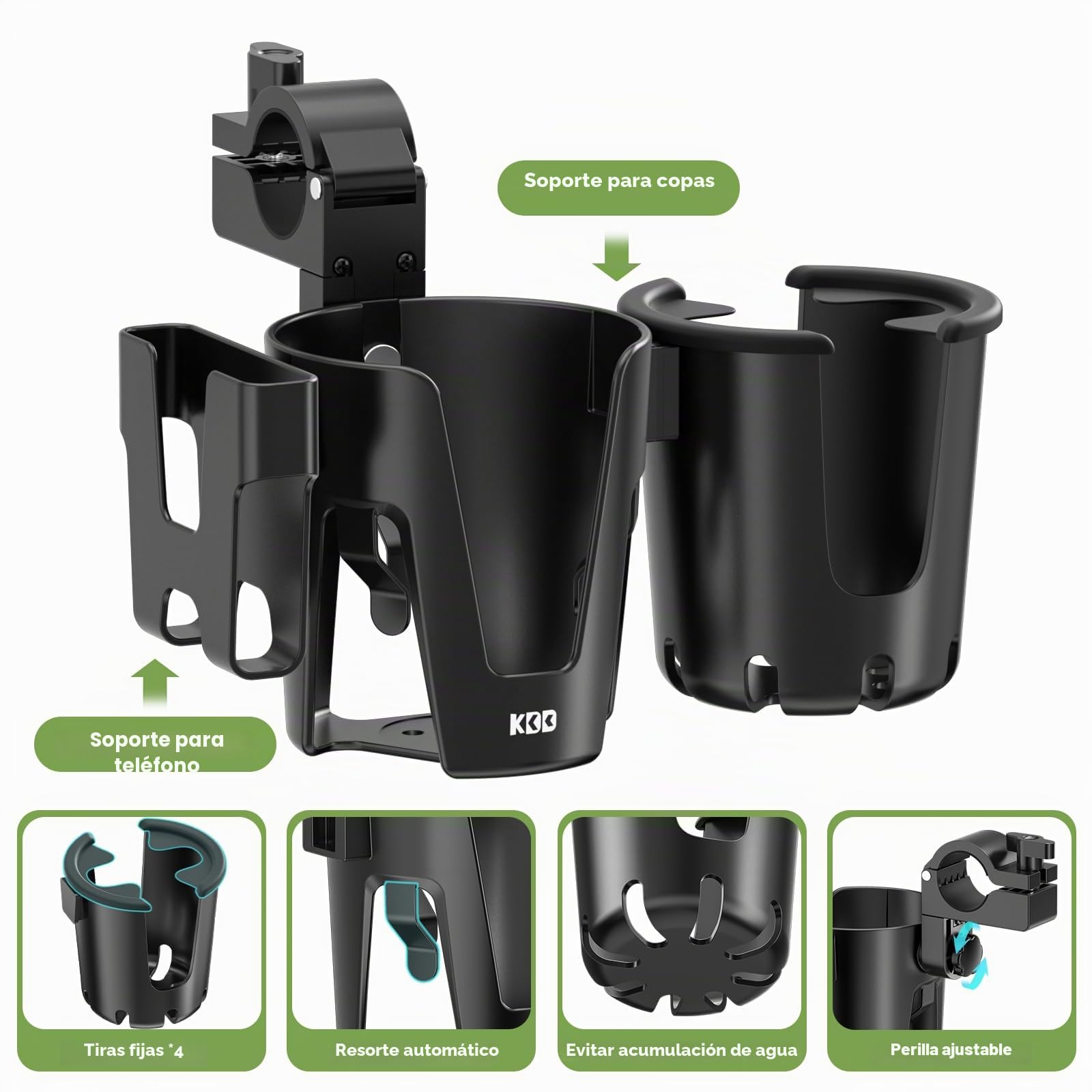 KDD Portavasos para Cochecito con Soporte Teléfono, 3 en 1 Portavasos Carito Bebe Extraíble, Portabotellas para Silla Rotación de 360 Grados Soporte para Vasos para Cochecito Bicicleta Andador Scooter