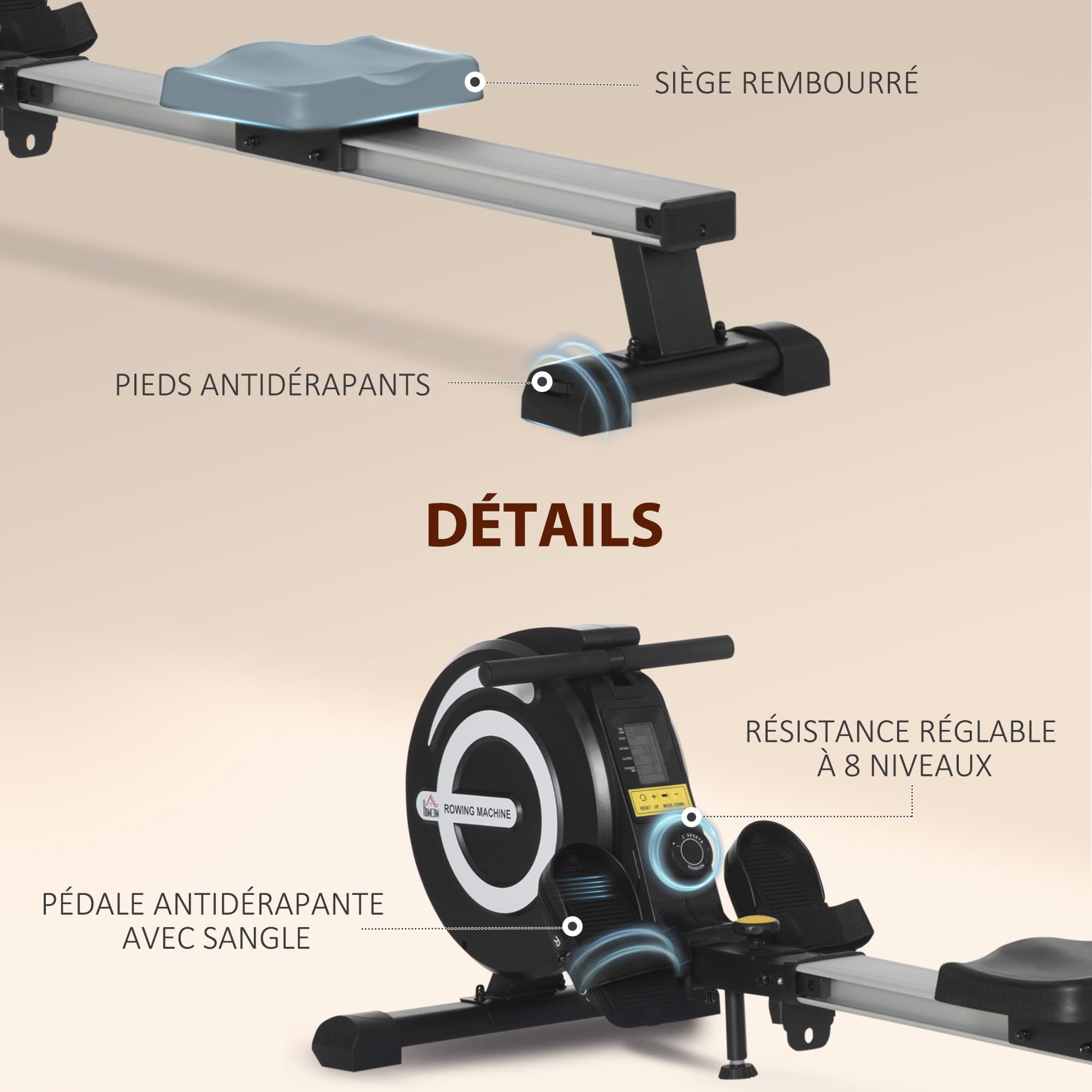HOMCOM Rameur d'appartement Pliable freinage magnétique - Silencieux - 8 Niveaux de résistance magnétique - Glissière en Aluminium - écran LCD Multifonction - Acier alu. ABS Noir Argent