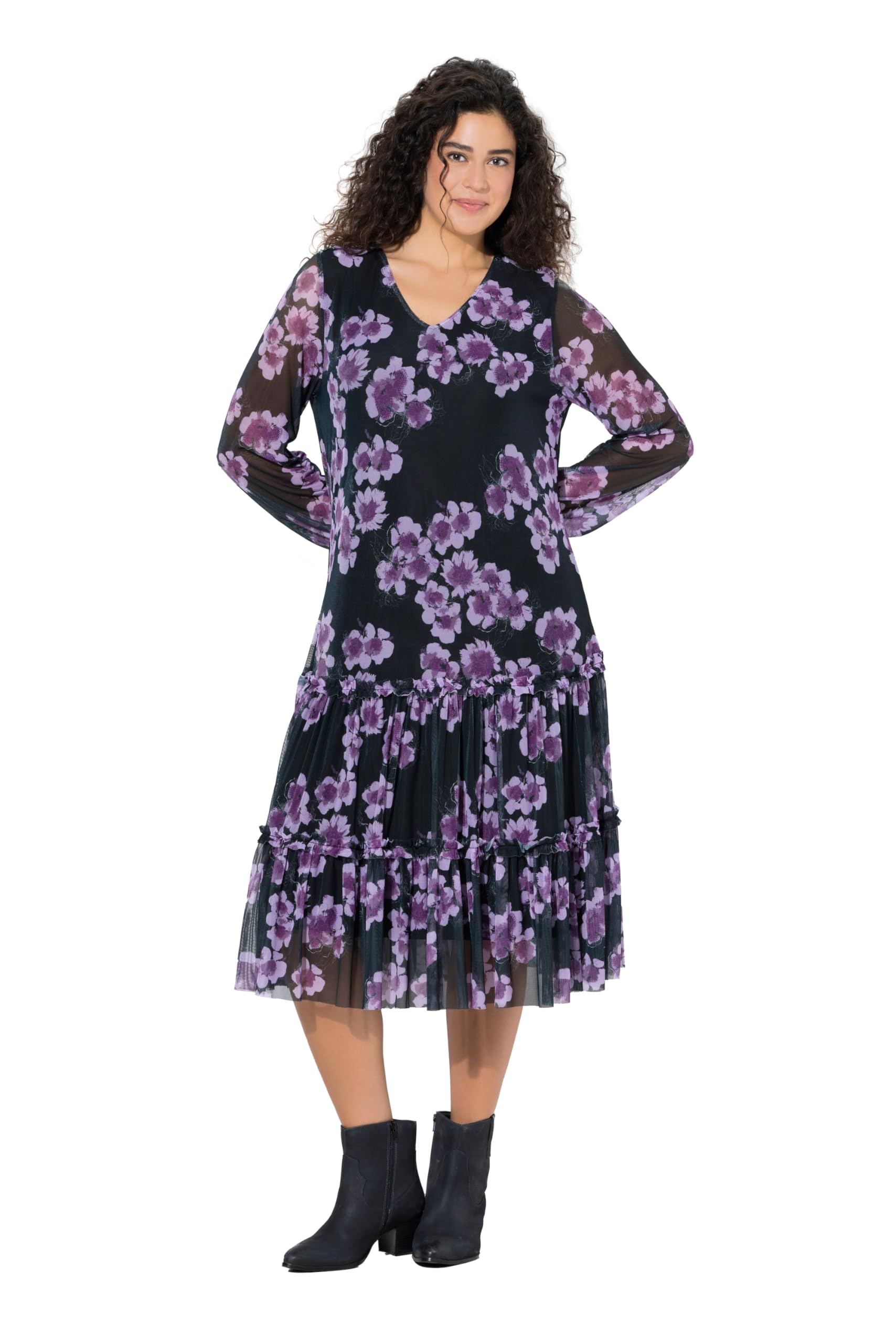 Ulla Popken Damen große Größen Übergrößen Plus Size Midikleid, doppellagig, Blumen, V-Ausschnitt, Langarm 825141