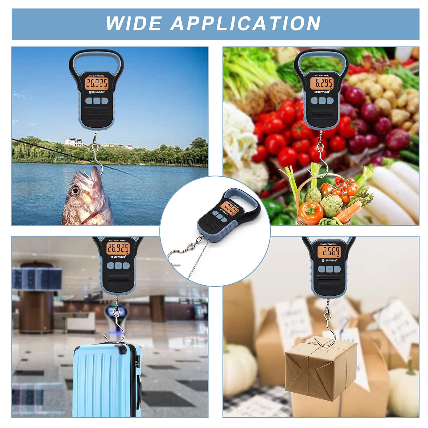 Various applications of the UNIWEIGH HU-50 Digital Hanging Scale, including fishing, groceries, luggage, and packages.
