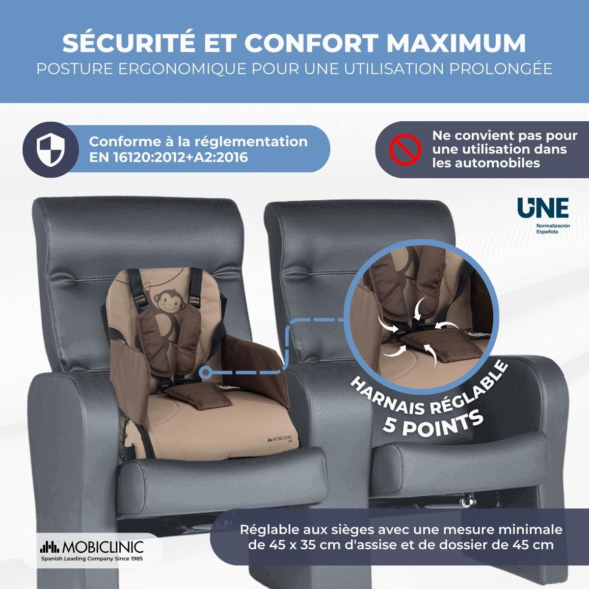 Mobiclinic®, Rehausseur Chaise Enfant, Pliable, avec Compartiments de Rangement, de 6 à 36 Mois, Jusqu'à 15 kg, Harnais Réglable à 5 points, Rehausseur pour Bébé, Idéale pour les Repas, Grise, Monkey