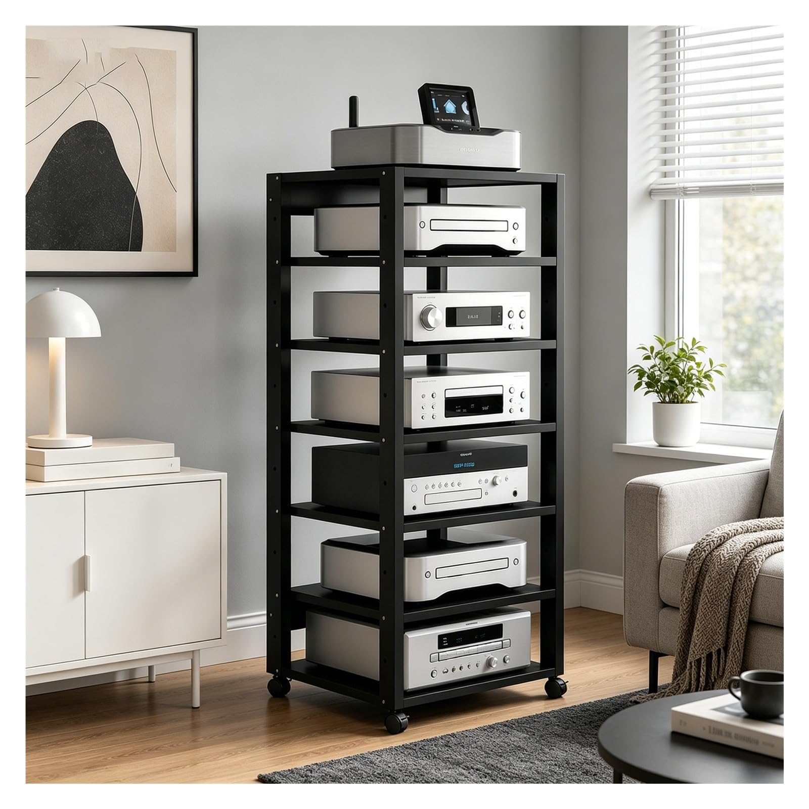 Armoire av for cinéma de bureau meuble hifi 7 niveaux rack ventilé noir