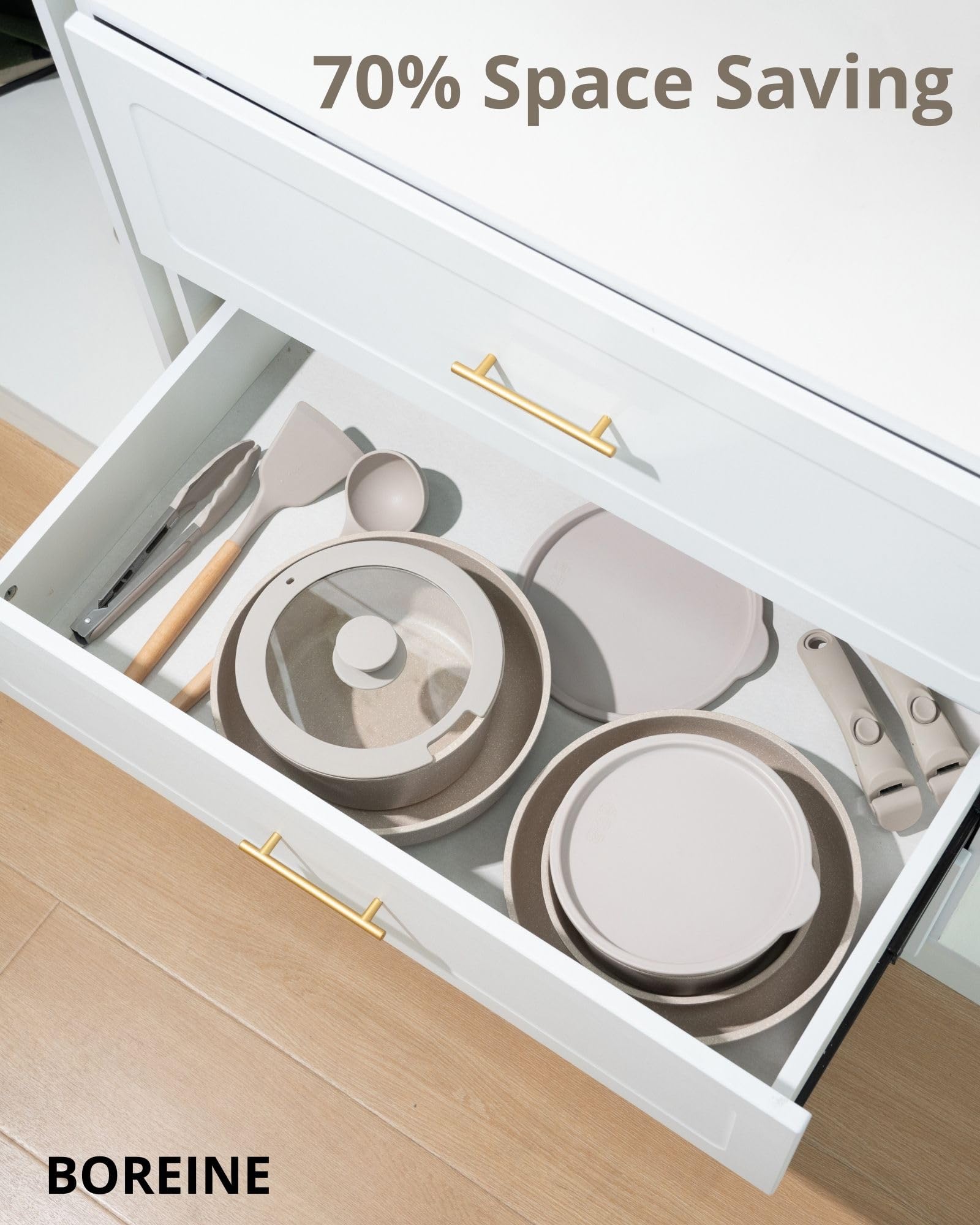 BOREINE Set di Pentole e Padelle 14 Pezzi, Batteria Pentole Antiaderente Senza PFOA e PTFE, Manico Removibile, Compatibile Induzione, Gas, Forno e Tutti i Piani Cottura, Marrone