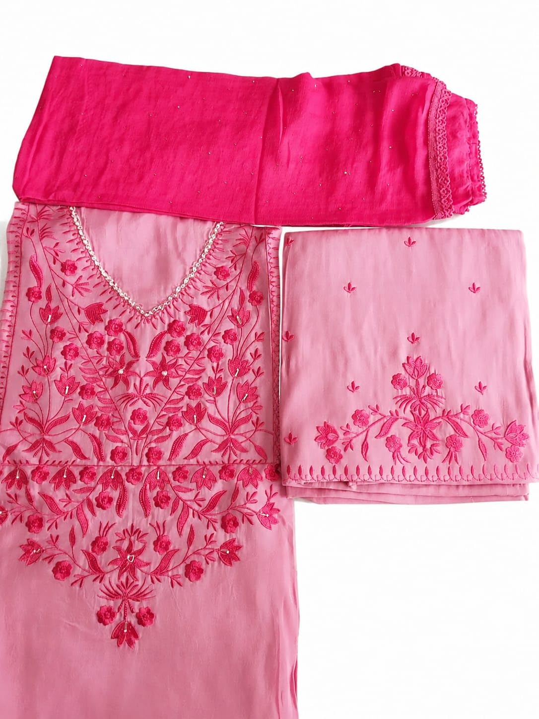 Pink Floral Embroidered Unstitched Suit with Top, Bottom and Dupatta-image-14
