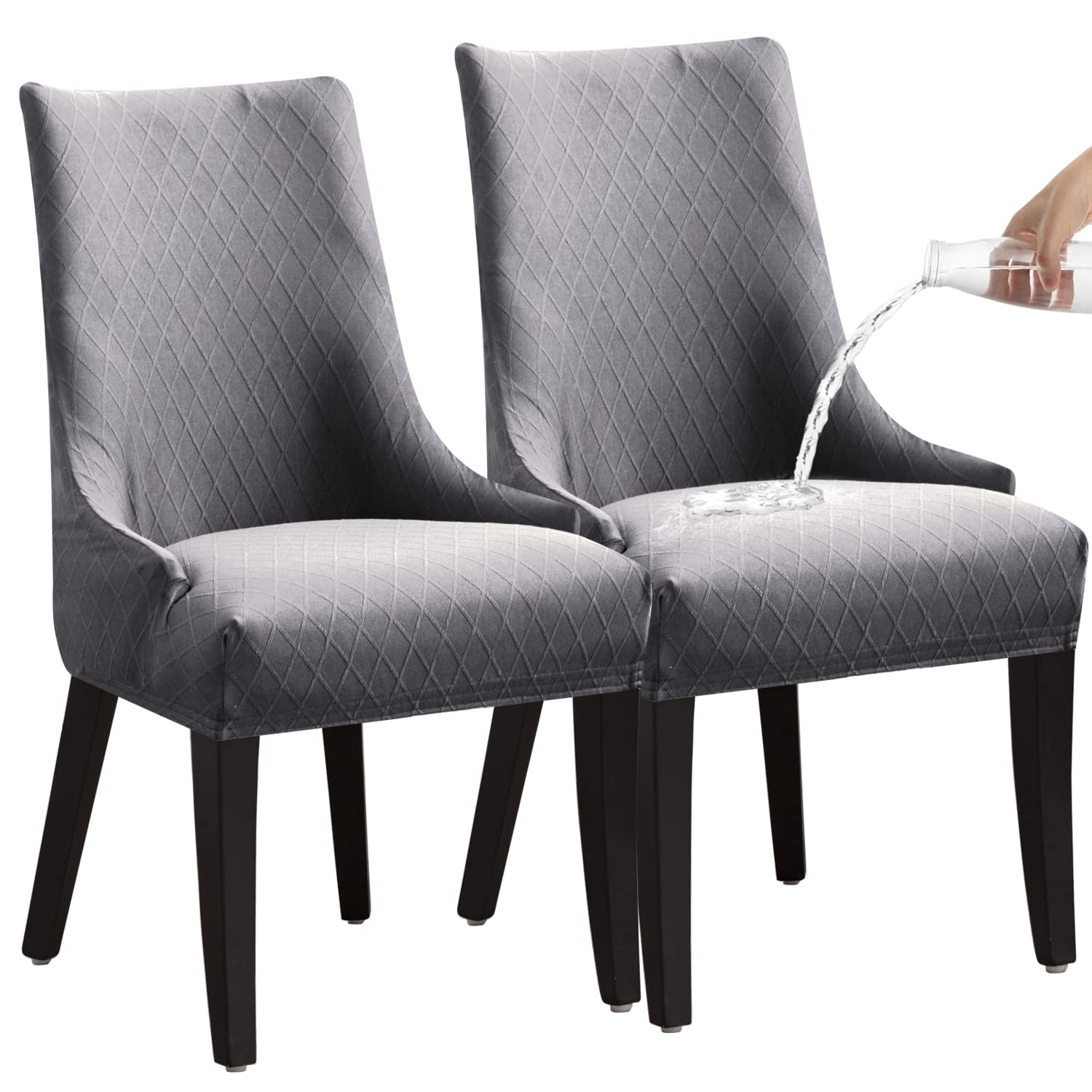 LANSHENG Stretch Rhombic Geometric Wingback Chair Covers Slipcover - Reusable Arm Chair Protector Cover, Washable Dining Chair Covers Protectors for Dining Room (Light Grey, Set of 2)