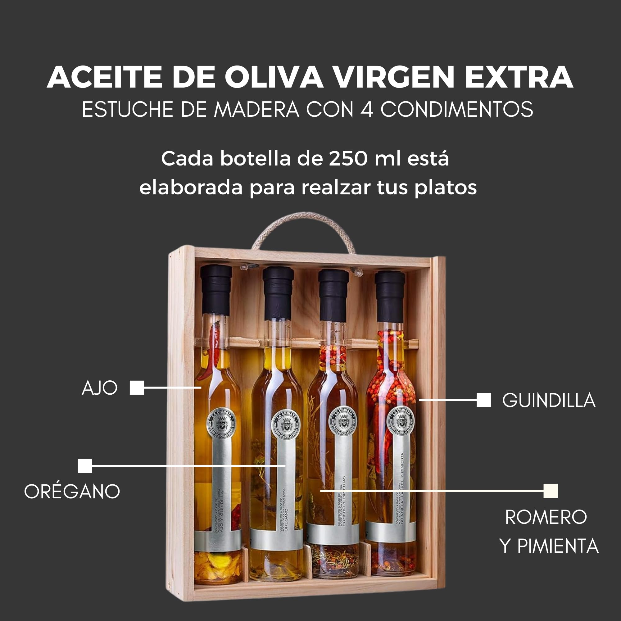 La Chinata Aceite de Oliva Virgen Extra - Estuche Gourmet con 4 Sabores: Ajo, Guindilla, Orégano, Romero y Pimienta | Pack Gourmet Perfecto para Regalar | 250 ml Cada Uno